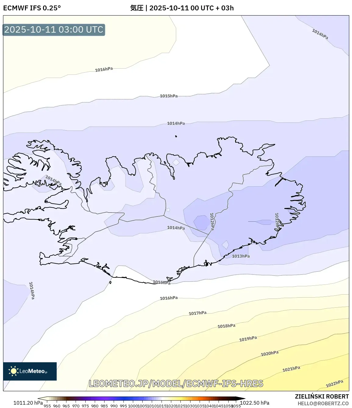 ECMWF IFS 0.25° model - アイスランド, 気圧 ECMWF IFS 0.25° model - アイスランド, 気圧
