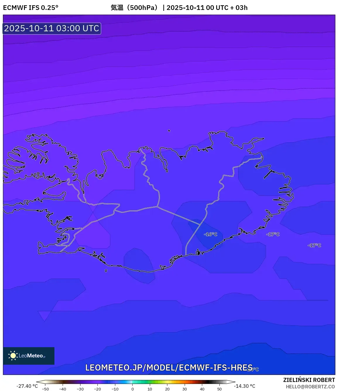 ECMWF IFS 0.25° model - アイスランド, 気温(500hPa) ECMWF IFS 0.25° model - アイスランド, 気温(500hPa)