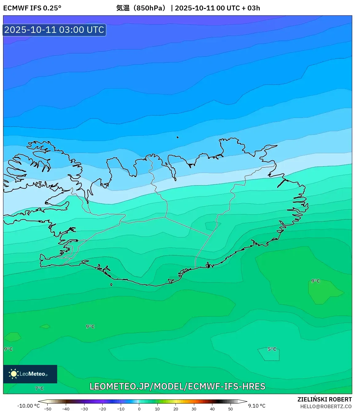 ECMWF IFS 0.25° model - アイスランド, 気温(850hPa) ECMWF IFS 0.25° model - アイスランド, 気温(850hPa)