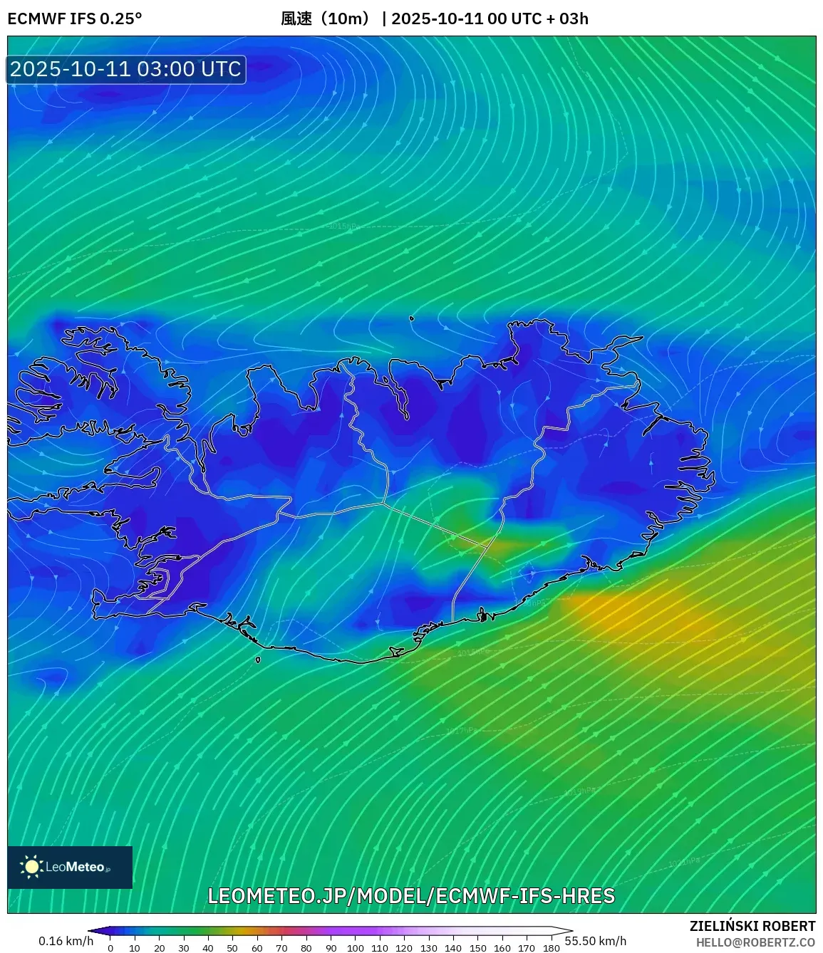 ECMWF IFS 0.25° model - アイスランド, 風速(10m) ECMWF IFS 0.25° model - アイスランド, 風速(10m)