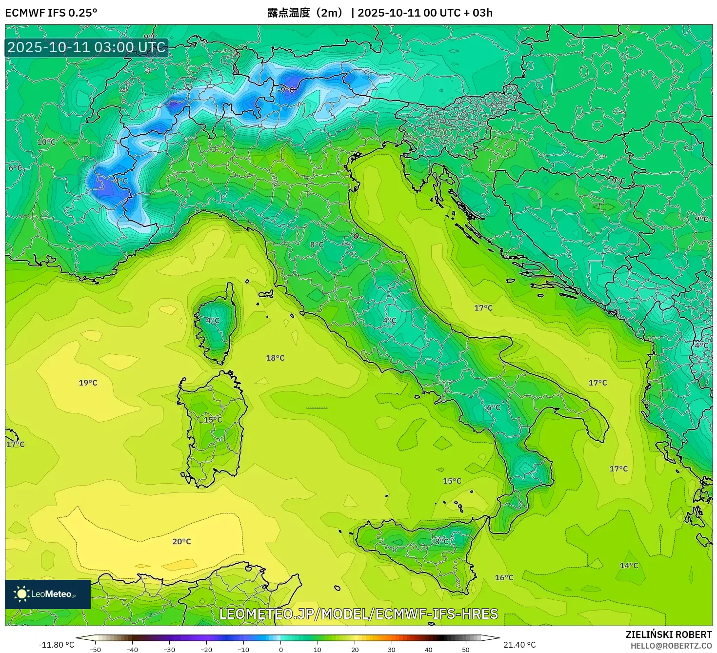 ECMWF IFS 0.25° model - イタリア, 露点温度(2m) ECMWF IFS 0.25° model - イタリア, 露点温度(2m)