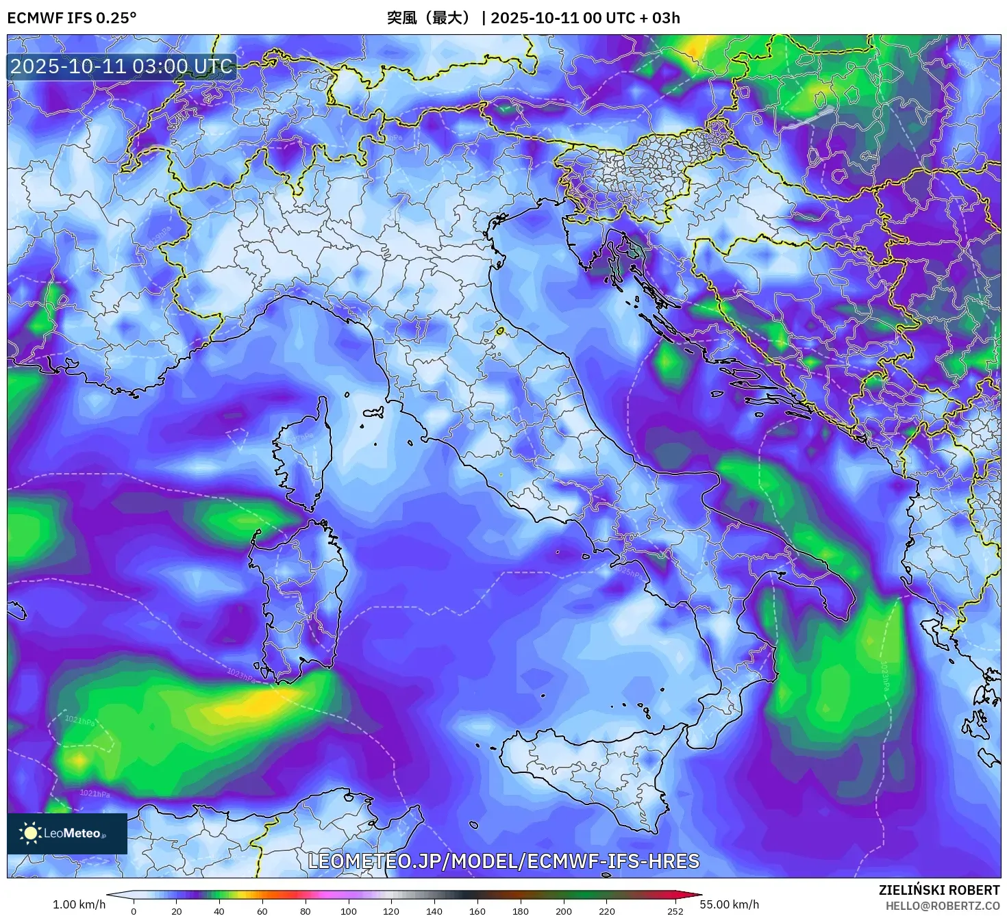 ECMWF IFS 0.25° model - イタリア, 突風(最大) ECMWF IFS 0.25° model - イタリア, 突風(最大)