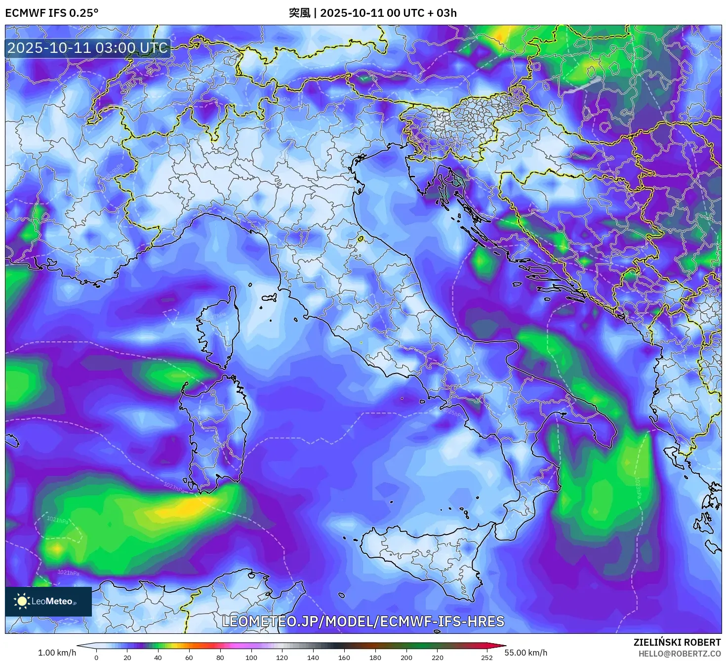 ECMWF IFS 0.25° model - イタリア, 突風