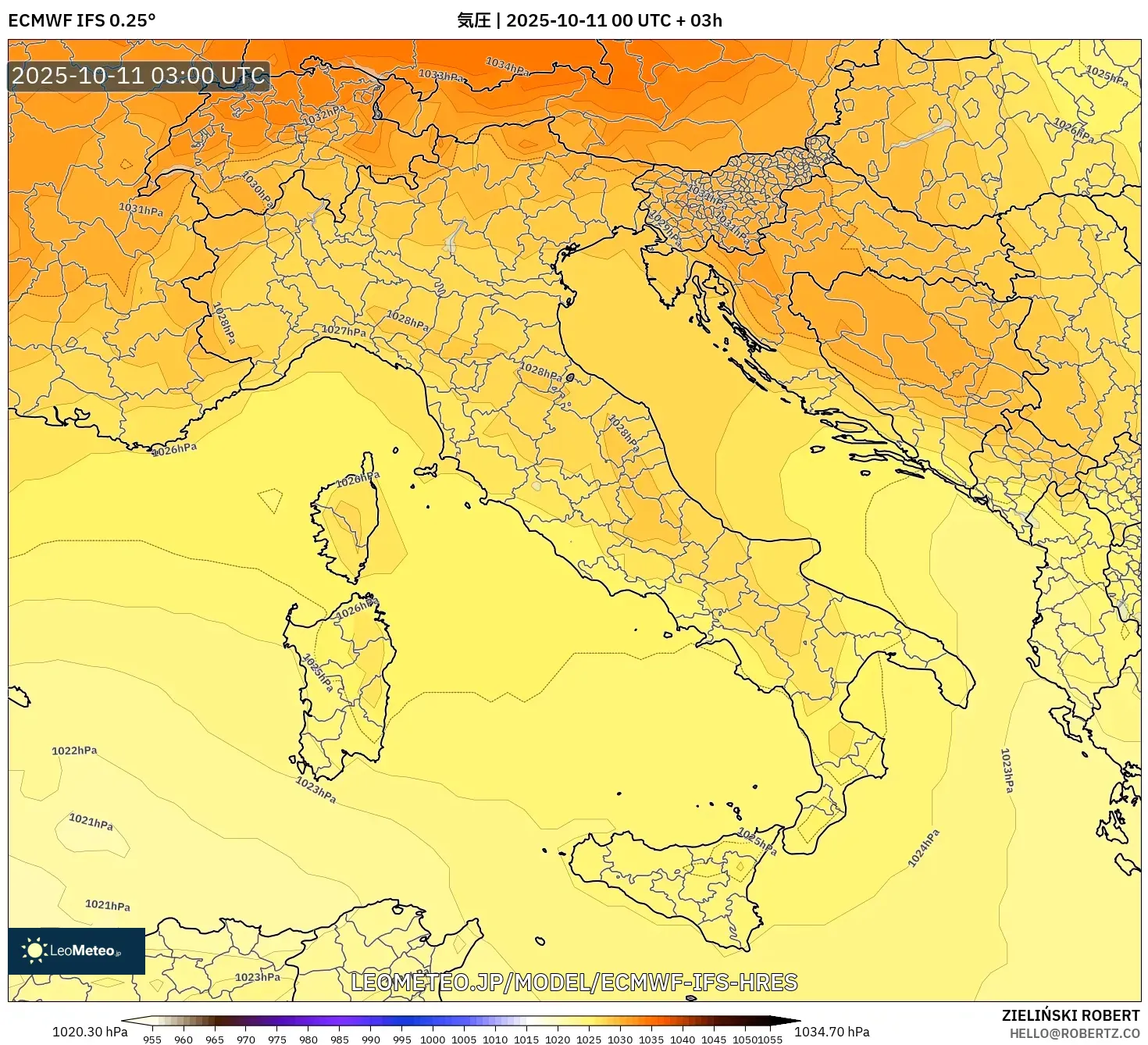 ECMWF IFS 0.25° model - イタリア, 気圧 ECMWF IFS 0.25° model - イタリア, 気圧