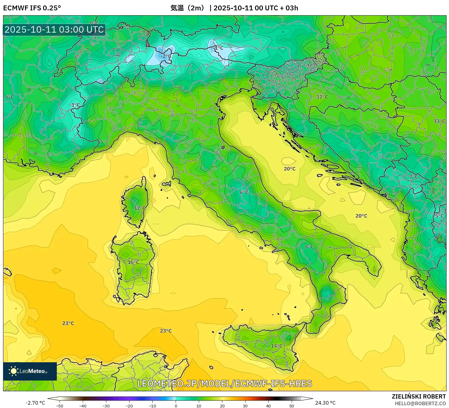 ECMWF IFS 0.25° model - イタリア, 気温(2m) ECMWF IFS 0.25° model - イタリア, 気温(2m)