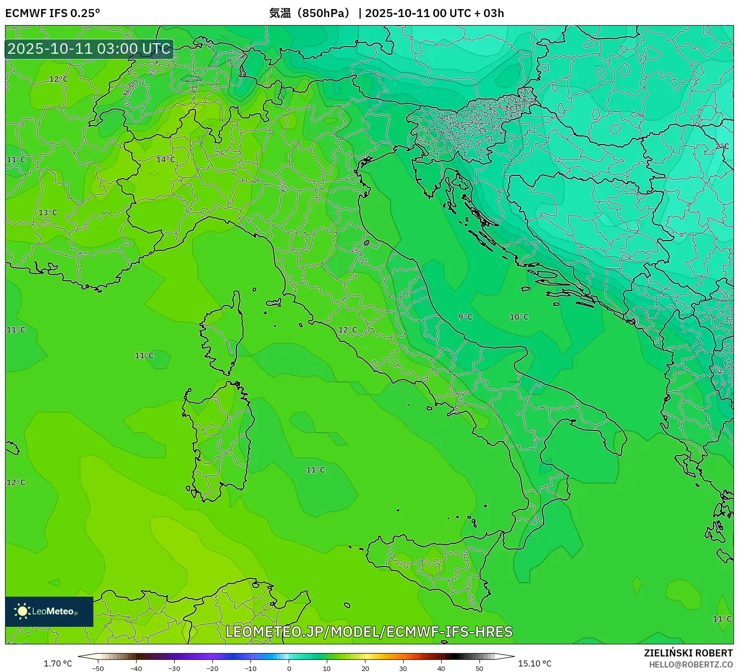ECMWF IFS 0.25° model - イタリア, 気温(850hPa) ECMWF IFS 0.25° model - イタリア, 気温(850hPa)