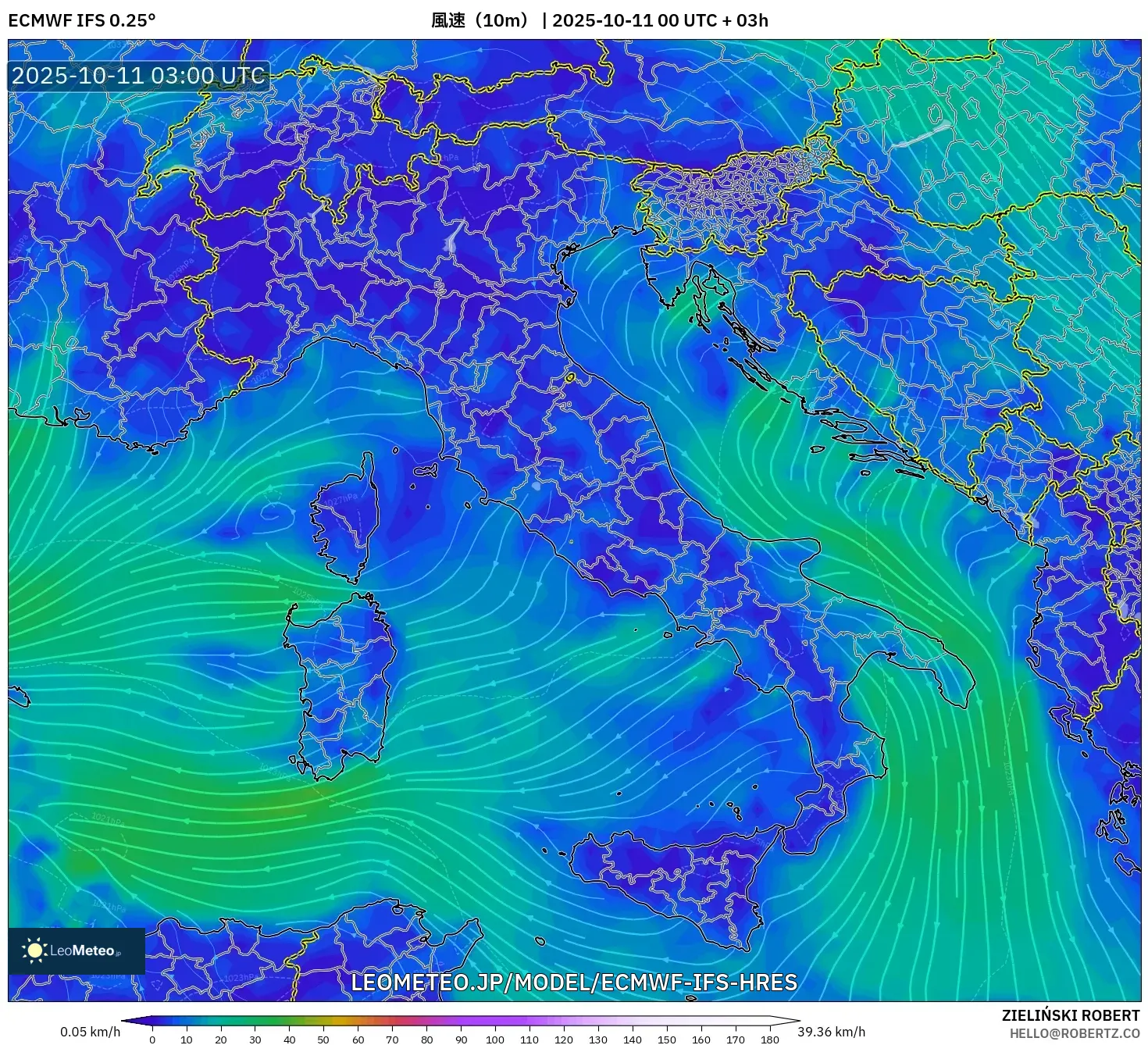 ECMWF IFS 0.25° model - イタリア, 風速(10m) ECMWF IFS 0.25° model - イタリア, 風速(10m)