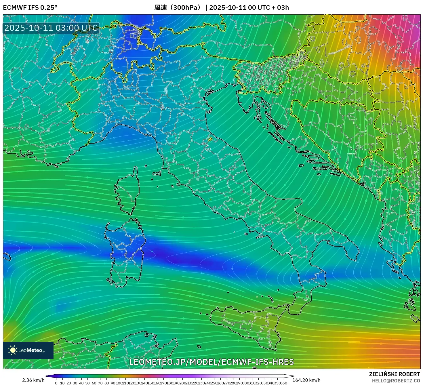 ECMWF IFS 0.25° model - イタリア, 風速(300hPa) ECMWF IFS 0.25° model - イタリア, 風速(300hPa)