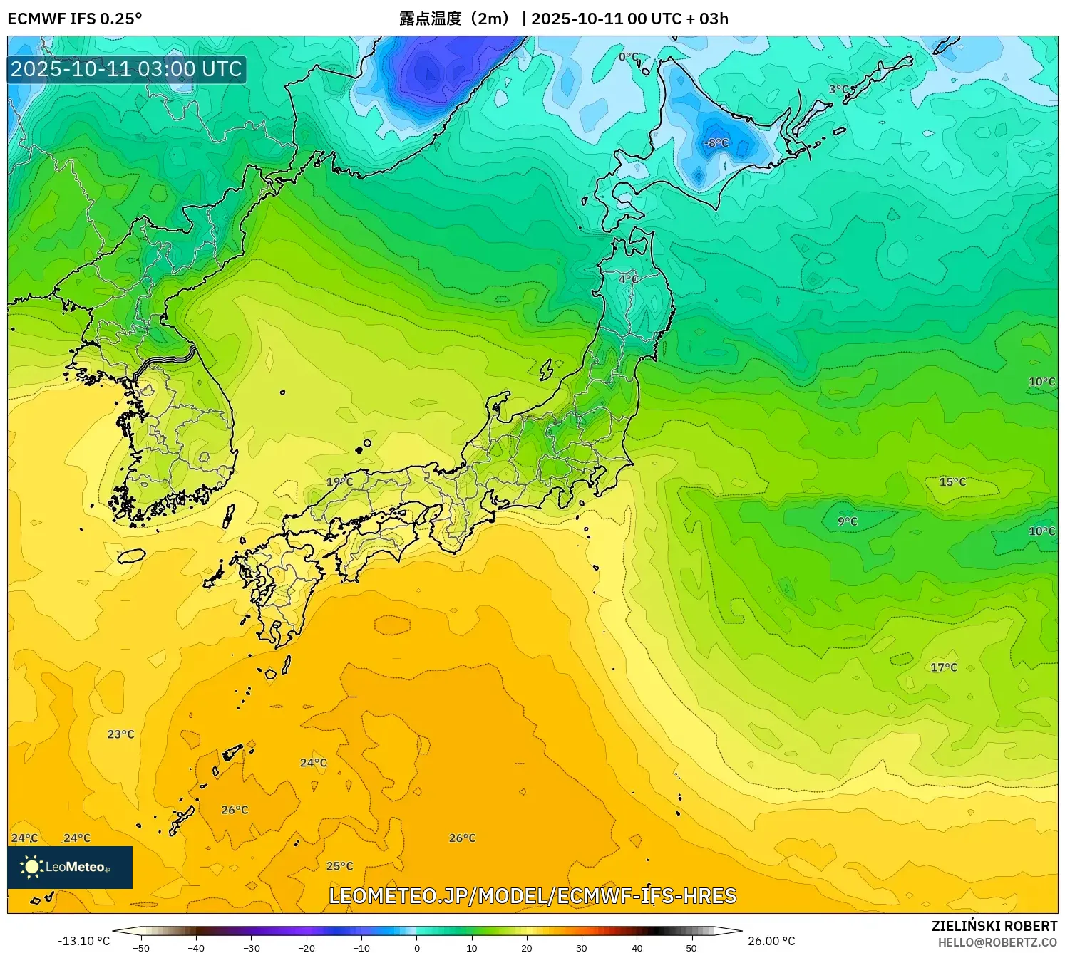 ECMWF IFS 0.25° model - 日本, 露点温度(2m) ECMWF IFS 0.25° model - 日本, 露点温度(2m)