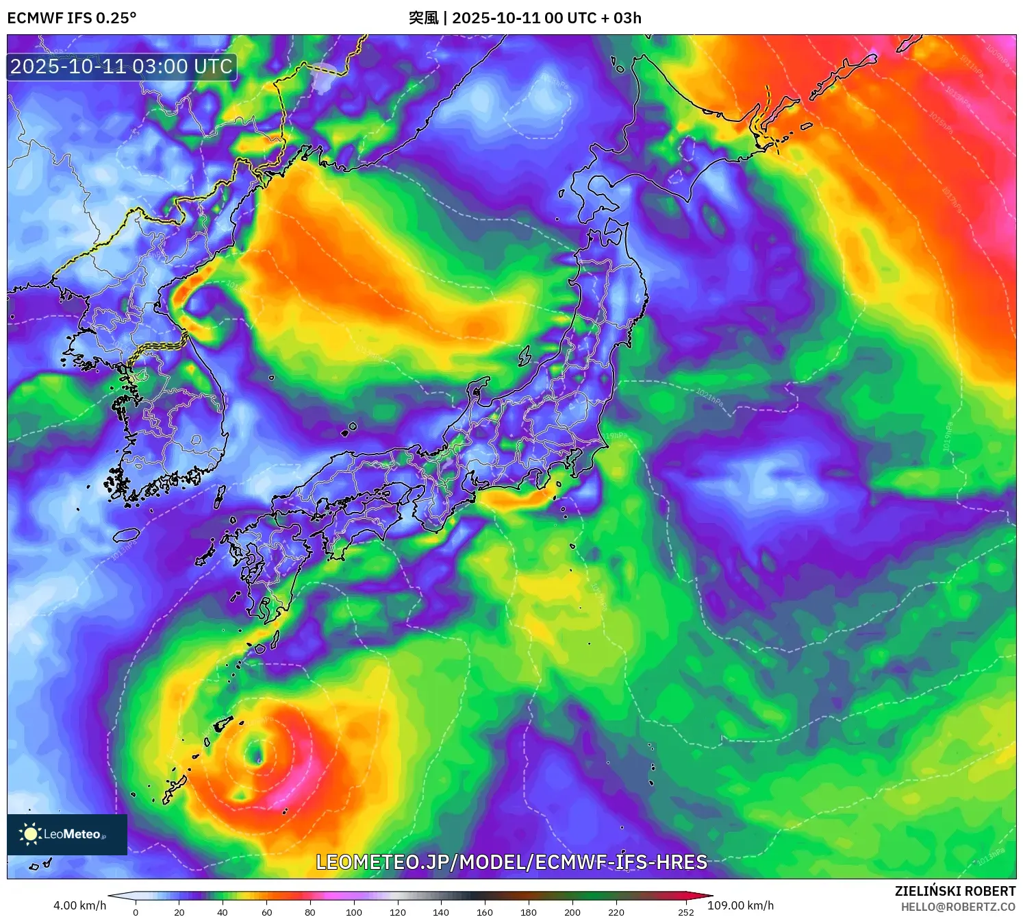 ECMWF IFS 0.25° model - 日本, 突風 ECMWF IFS 0.25° model - 日本, 突風