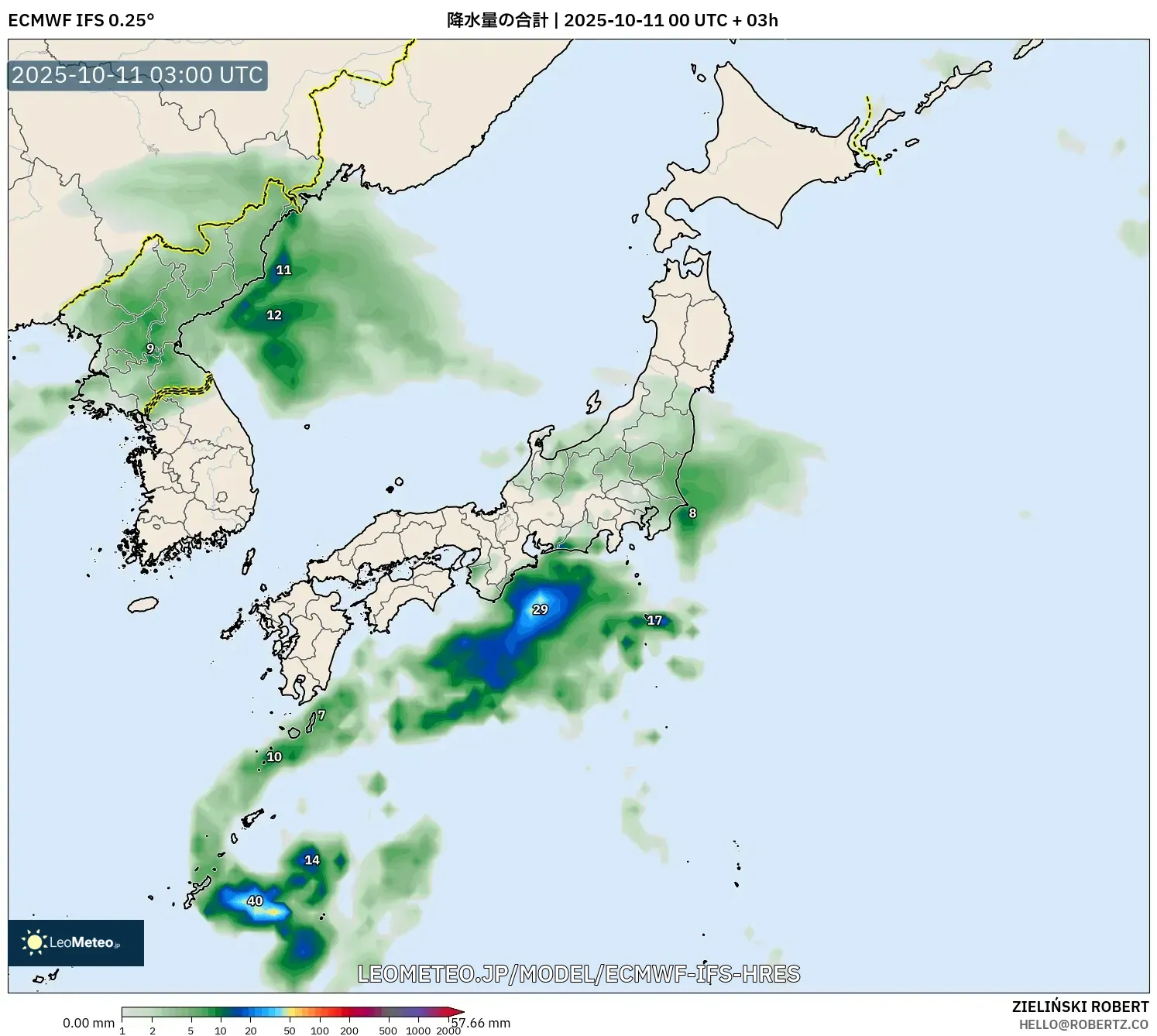 ECMWF IFS 0.25° model - 日本, 降水量の合計