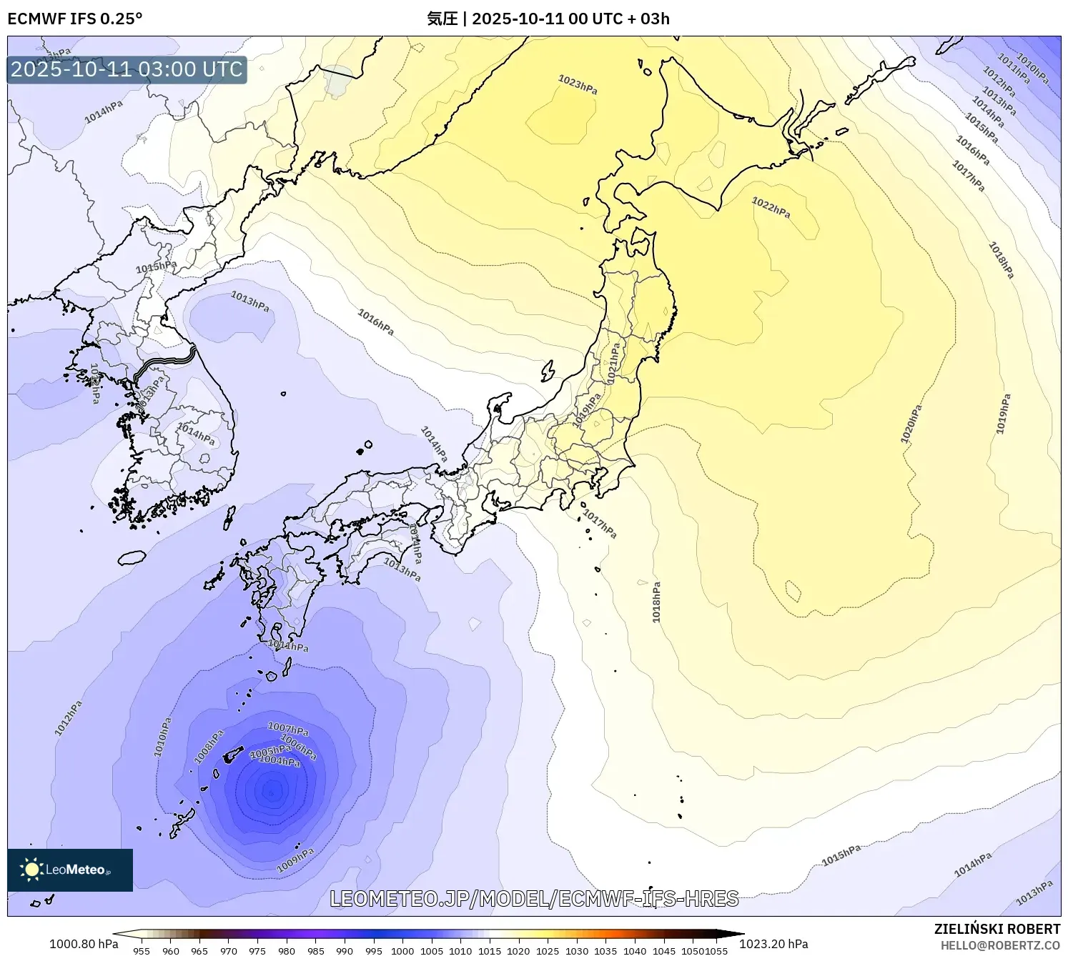 ECMWF IFS 0.25° model - 日本, 気圧 ECMWF IFS 0.25° model - 日本, 気圧