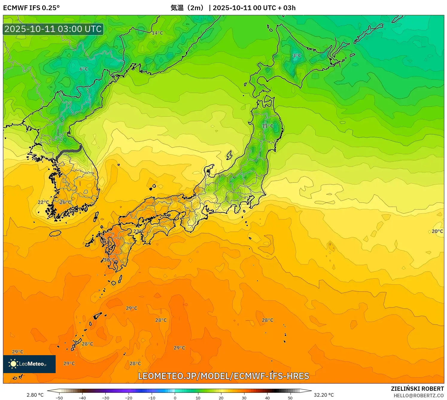 ECMWF IFS 0.25° model - 日本, 気温(2m) ECMWF IFS 0.25° model - 日本, 気温(2m)