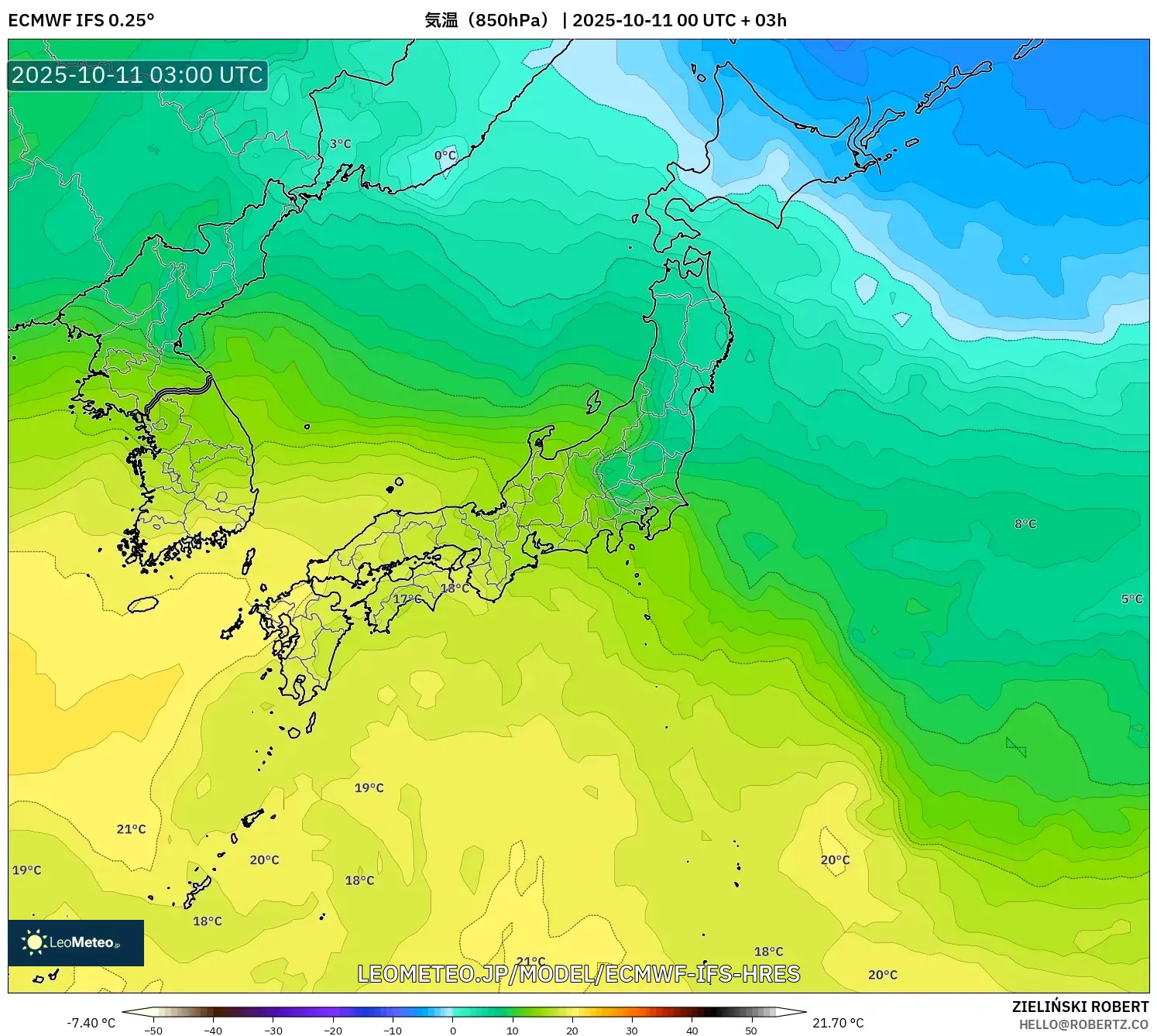 ECMWF IFS 0.25° model - 日本, 気温（850hPa）