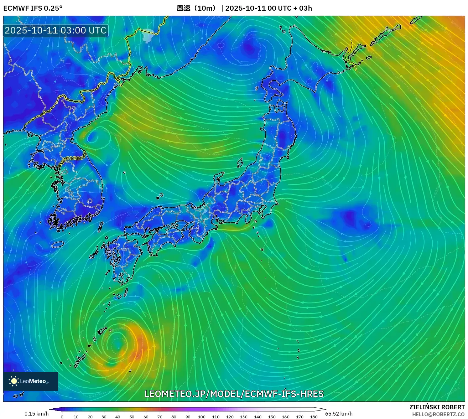 ECMWF IFS 0.25° model - 日本, 風速（10m）