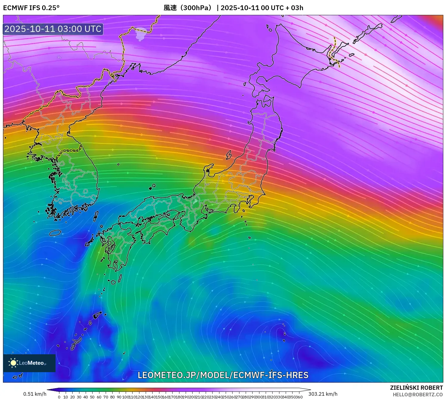 ECMWF IFS 0.25° model - 日本, 風速（300hPa）