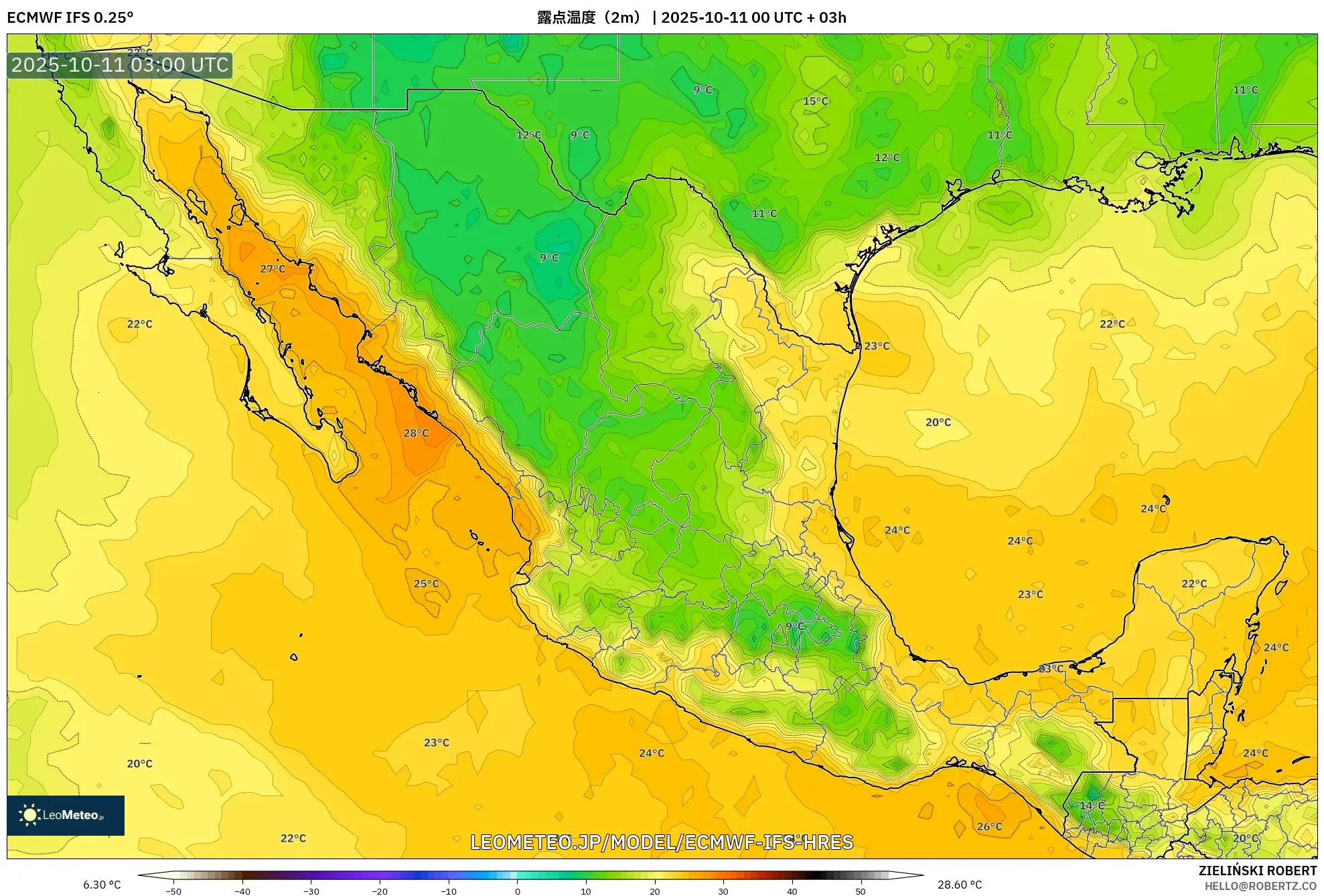 ECMWF IFS 0.25° model - メキシコ, 露点温度(2m) ECMWF IFS 0.25° model - メキシコ, 露点温度(2m)