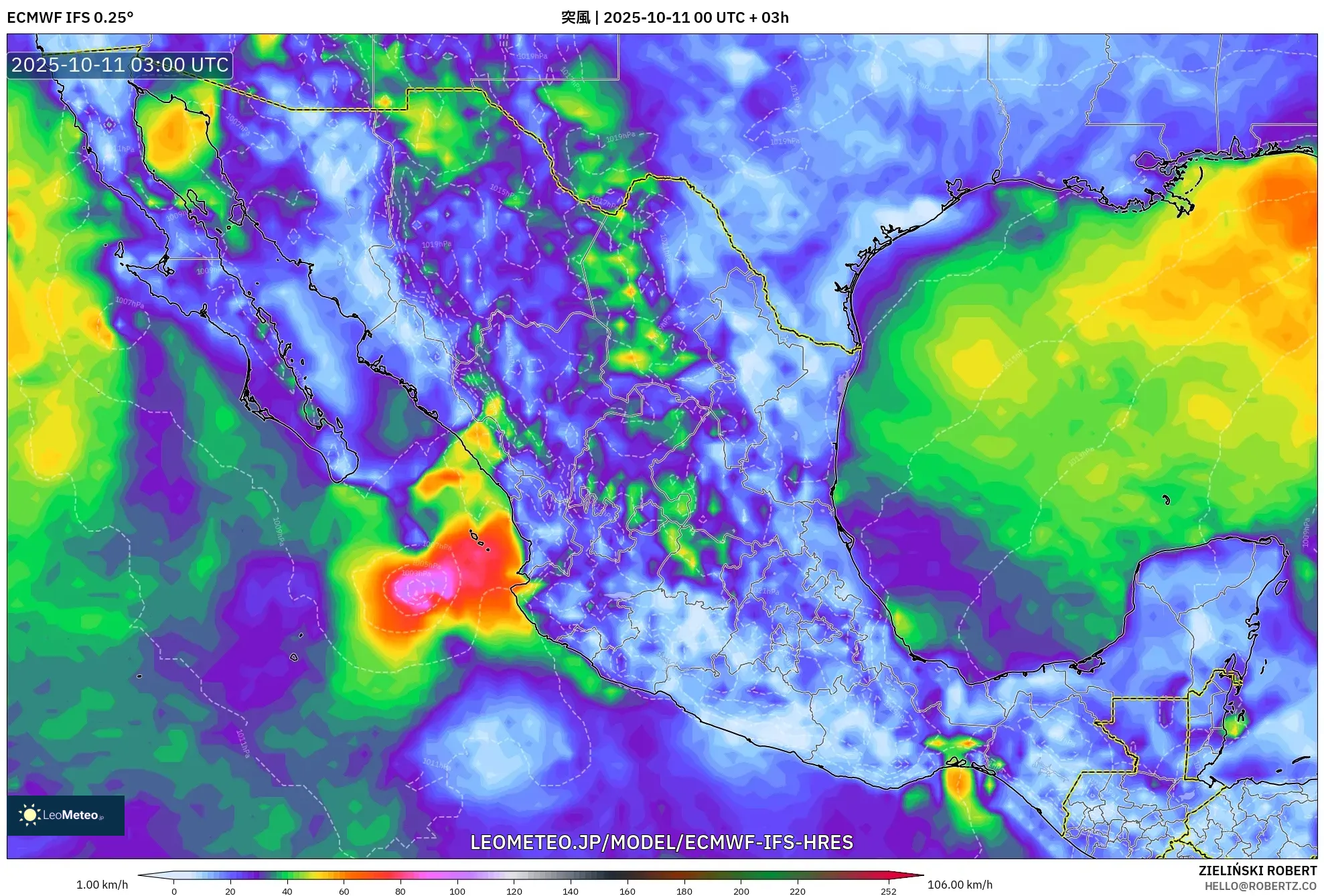ECMWF IFS 0.25° model - メキシコ, 突風 ECMWF IFS 0.25° model - メキシコ, 突風