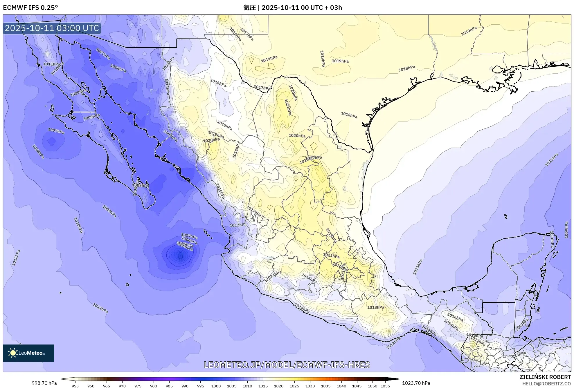 ECMWF IFS 0.25° model - メキシコ, 気圧 ECMWF IFS 0.25° model - メキシコ, 気圧