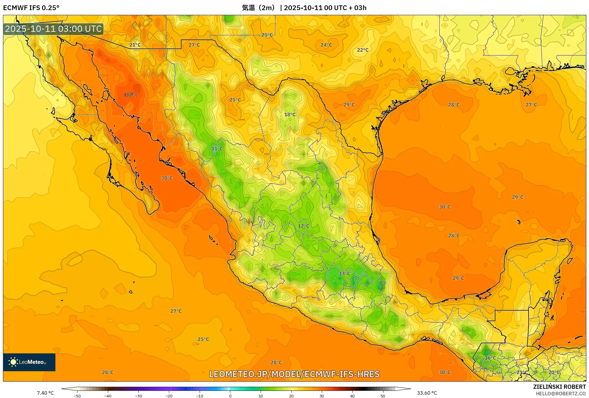 ECMWF IFS 0.25° model - メキシコ, 気温（2m）