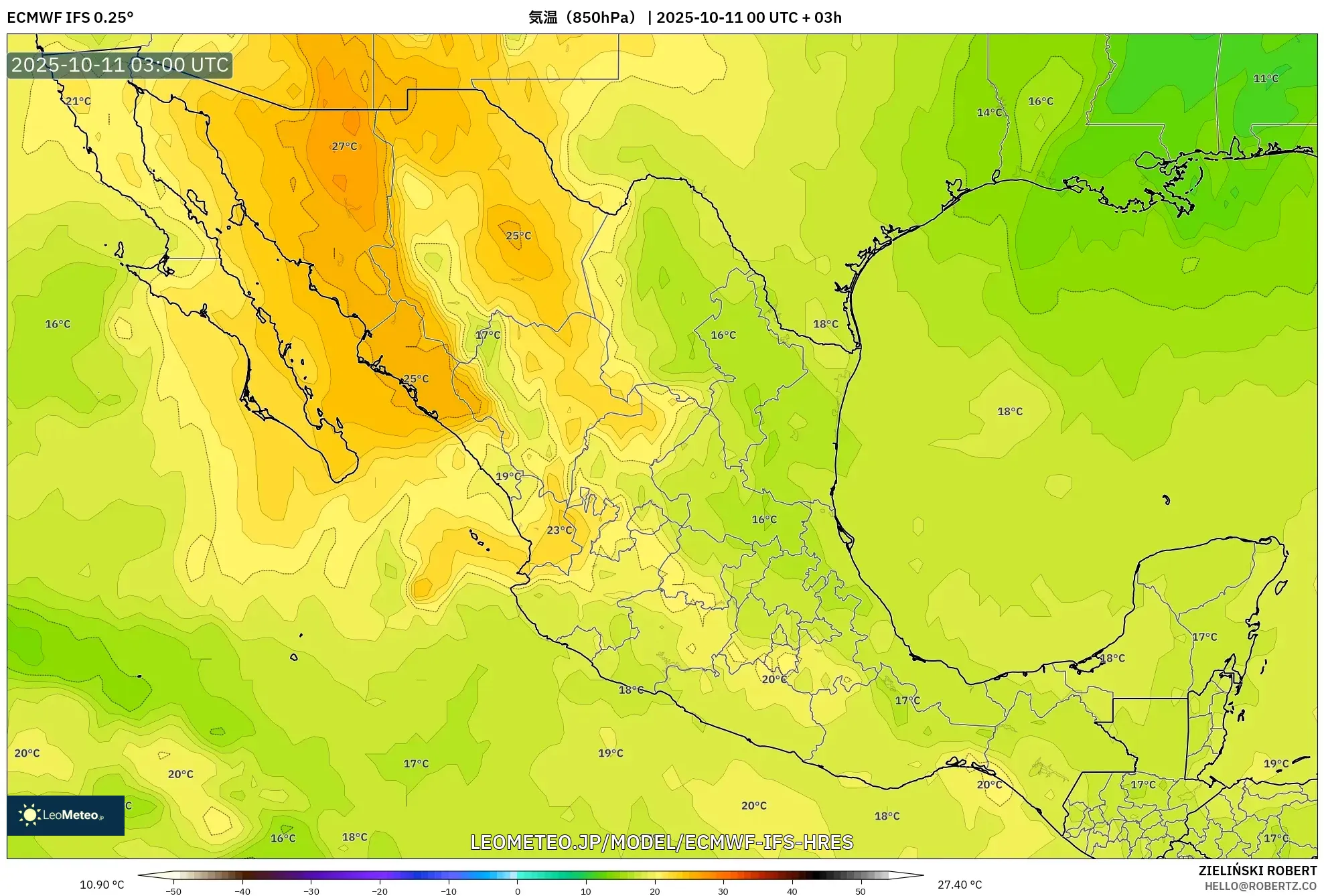 ECMWF IFS 0.25° model - メキシコ, 気温（850hPa）
