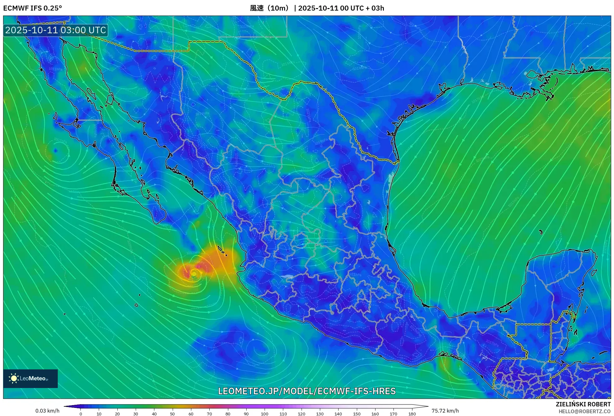 ECMWF IFS 0.25° model - メキシコ, 風速（10m）