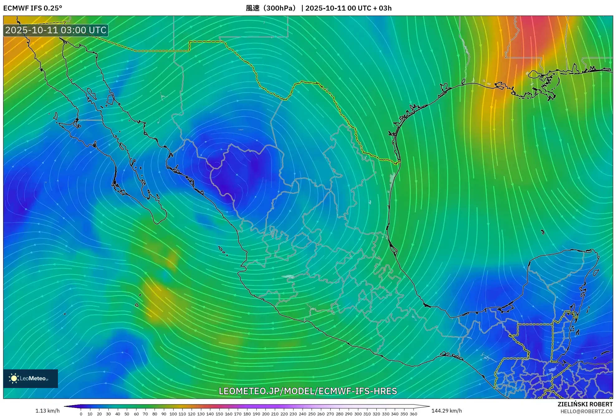ECMWF IFS 0.25° model - メキシコ, 風速(300hPa) ECMWF IFS 0.25° model - メキシコ, 風速(300hPa)