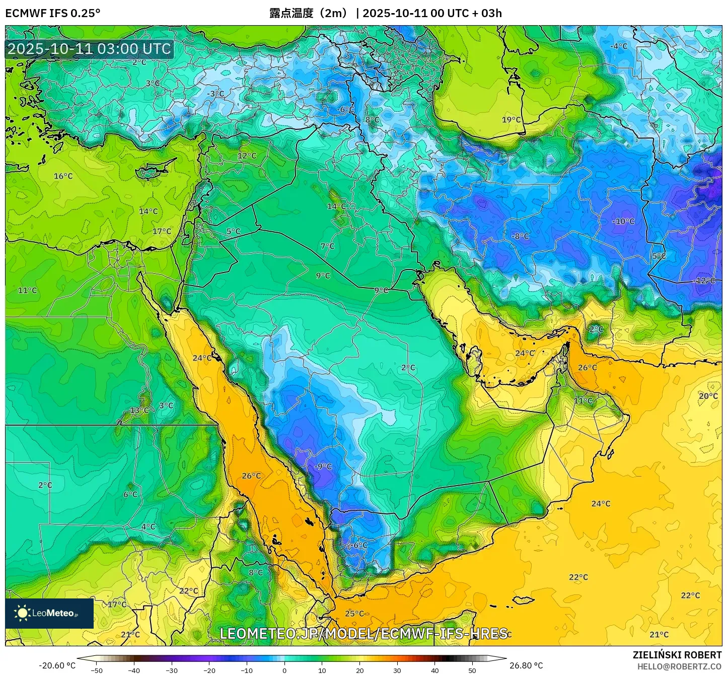 ECMWF IFS 0.25° model - 中東, 露点温度(2m) ECMWF IFS 0.25° model - 中東, 露点温度(2m)