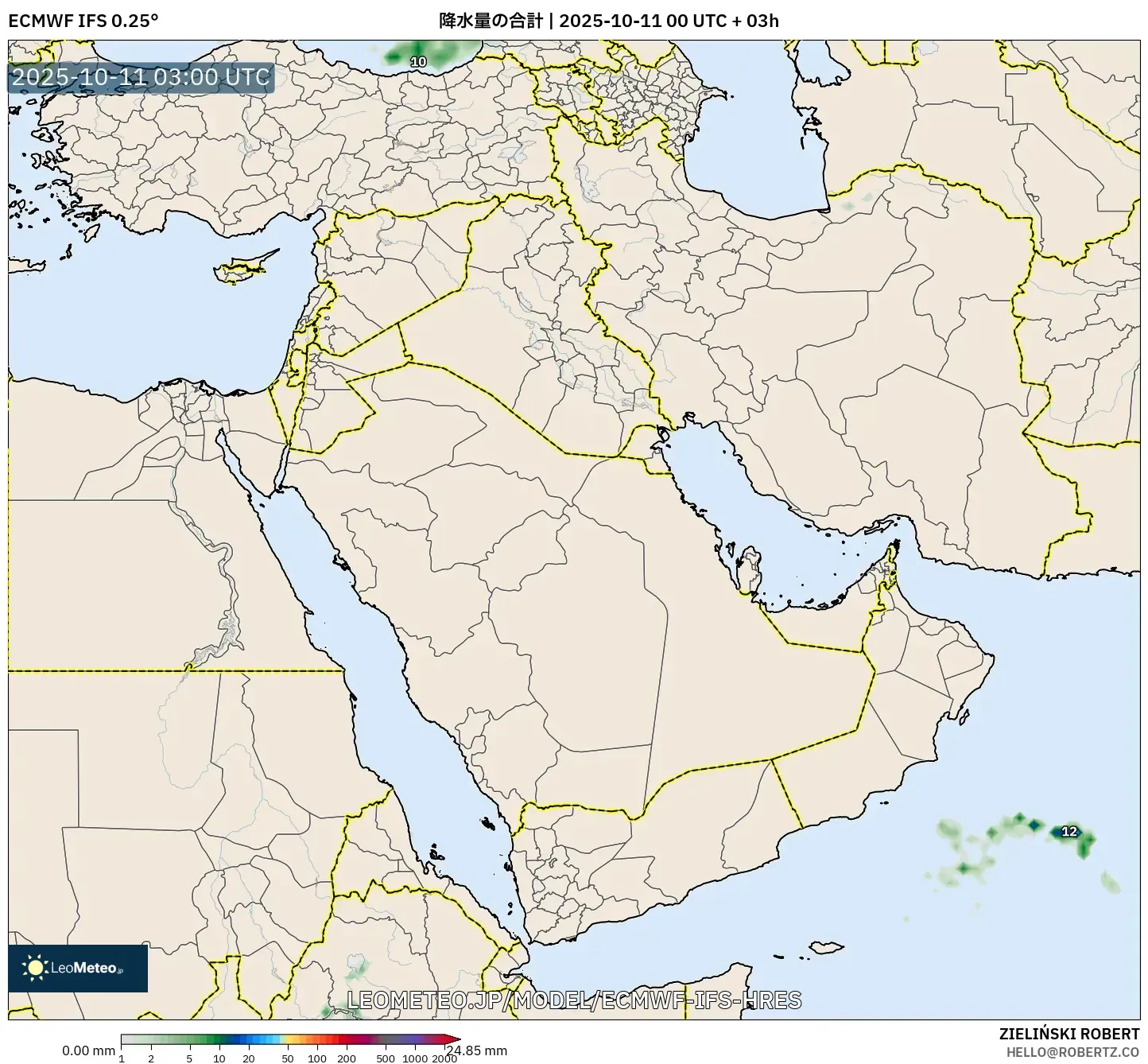 ECMWF IFS 0.25° model - 中東, 降水量の合計