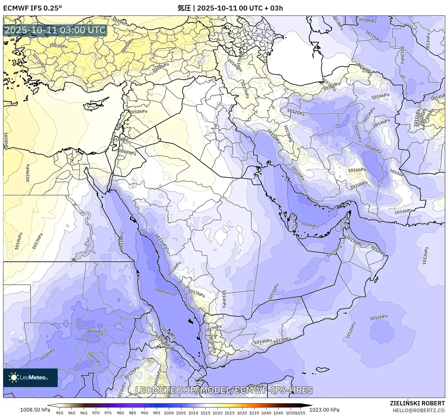 ECMWF IFS 0.25° model - 中東, 気圧 ECMWF IFS 0.25° model - 中東, 気圧