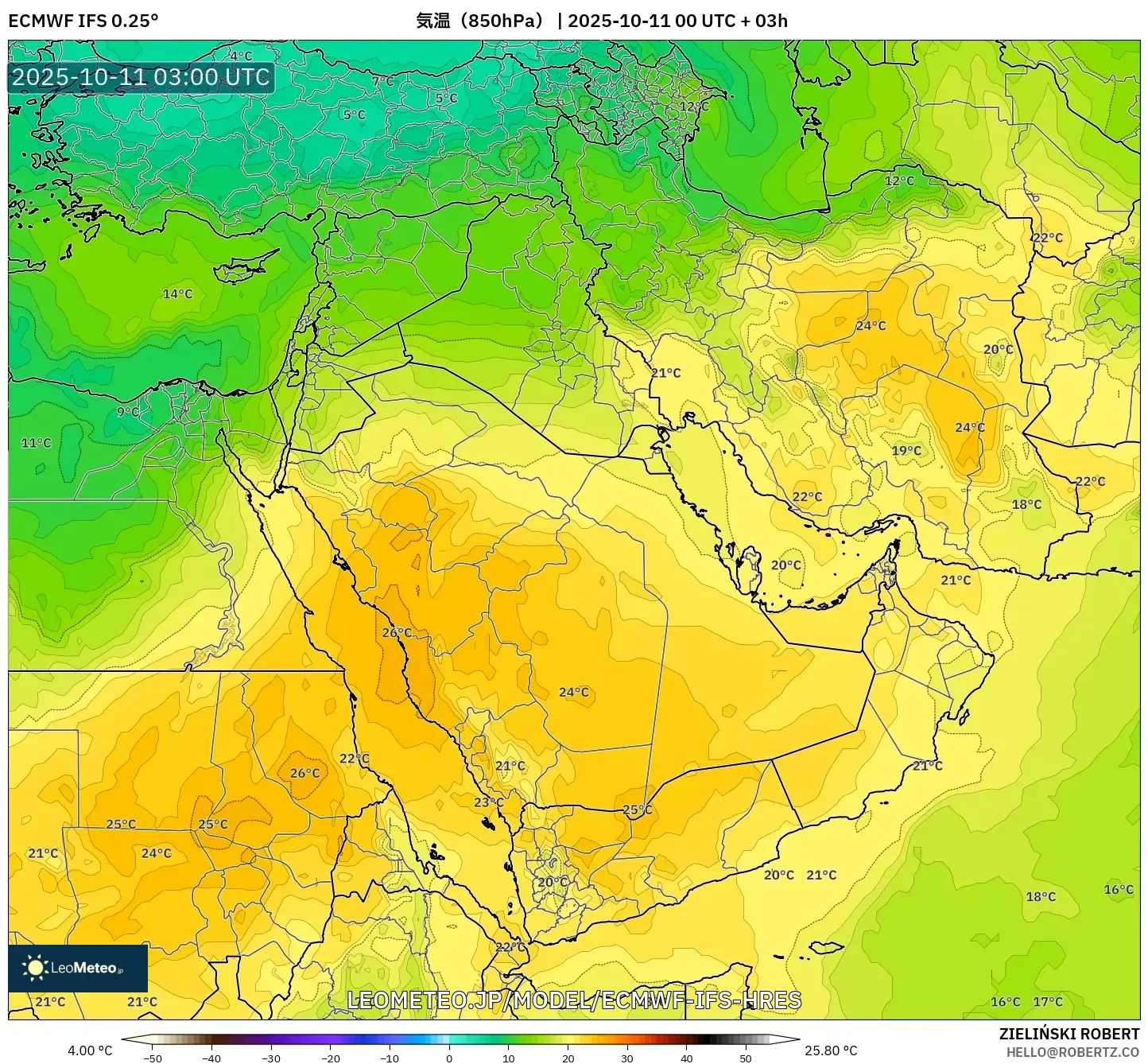 ECMWF IFS 0.25° model - 中東, 気温(850hPa) ECMWF IFS 0.25° model - 中東, 気温(850hPa)