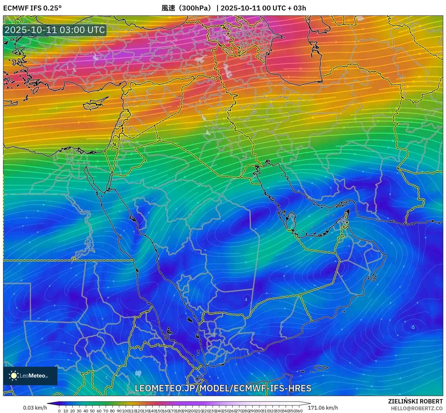 ECMWF IFS 0.25° model - 中東, 風速(300hPa) ECMWF IFS 0.25° model - 中東, 風速(300hPa)