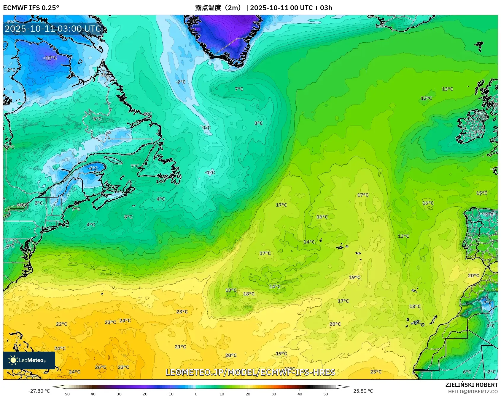 ECMWF IFS 0.25° model - 北大西洋, 露点温度(2m) ECMWF IFS 0.25° model - 北大西洋, 露点温度(2m)