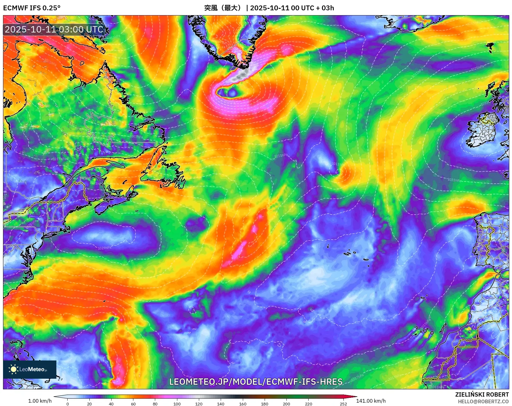 ECMWF IFS 0.25° model - 北大西洋, 突風(最大) ECMWF IFS 0.25° model - 北大西洋, 突風(最大)