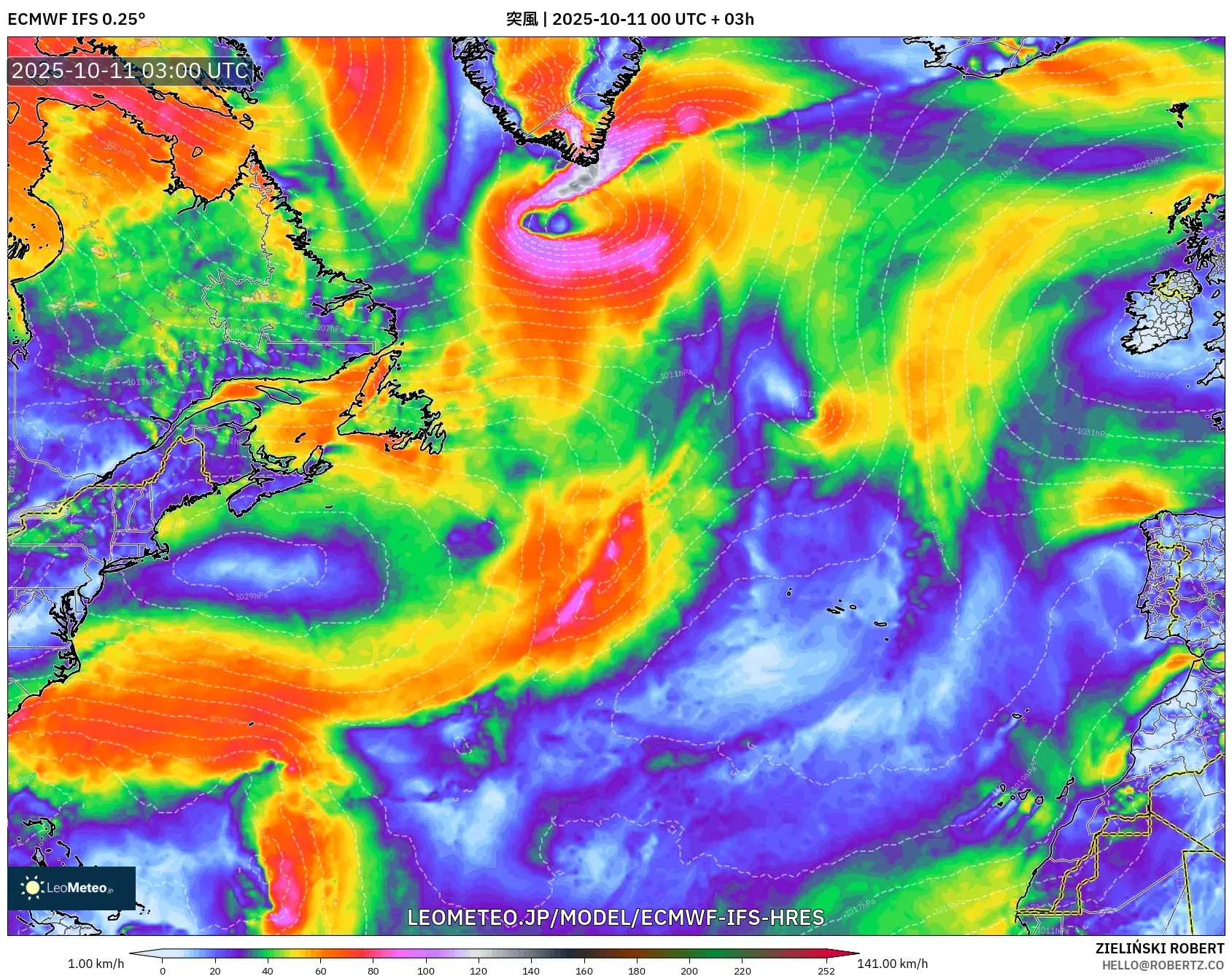ECMWF IFS 0.25° model - 北大西洋, 突風 ECMWF IFS 0.25° model - 北大西洋, 突風