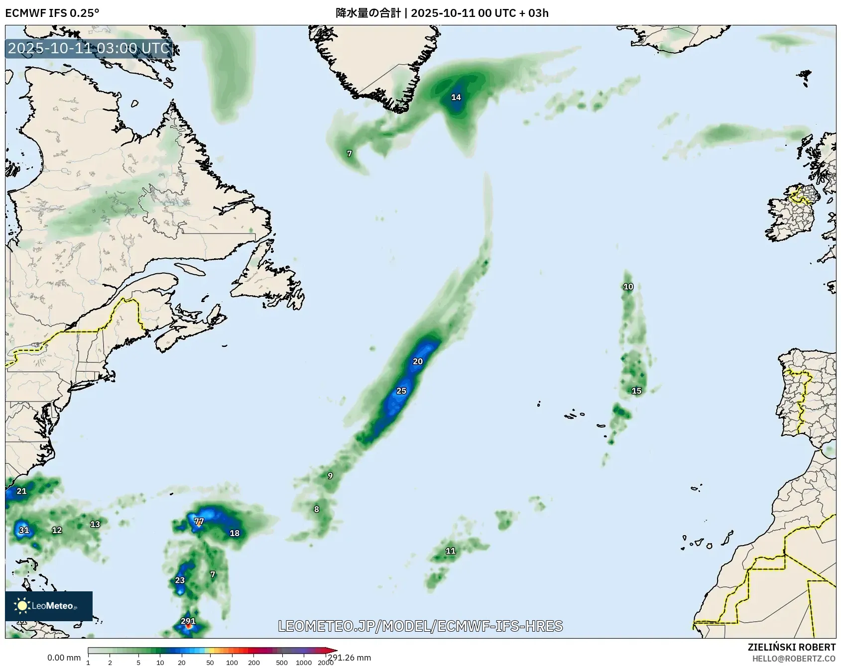 ECMWF IFS 0.25° model - 北大西洋, 降水量の合計 ECMWF IFS 0.25° model - 北大西洋, 降水量の合計