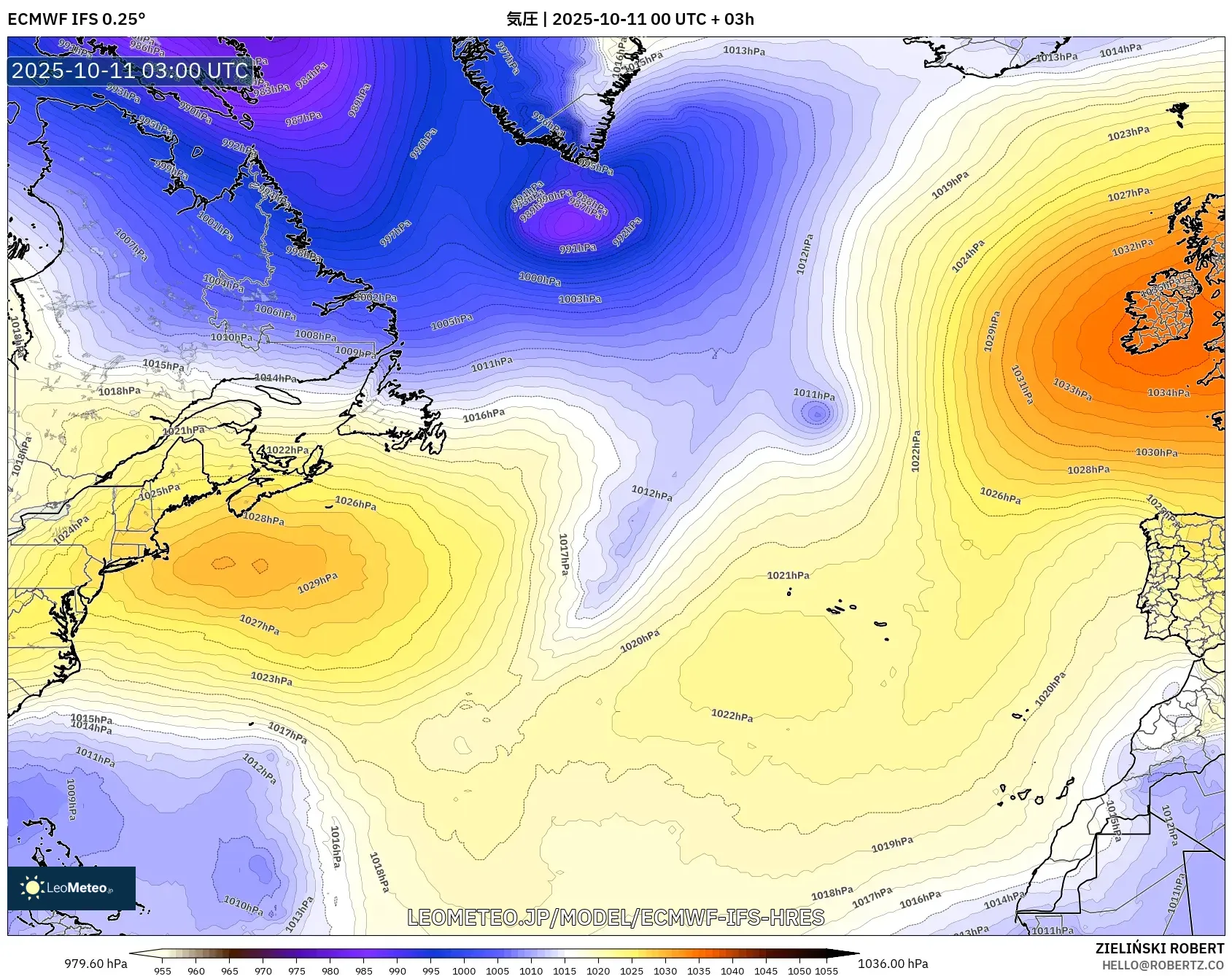 ECMWF IFS 0.25° model - 北大西洋, 気圧 ECMWF IFS 0.25° model - 北大西洋, 気圧