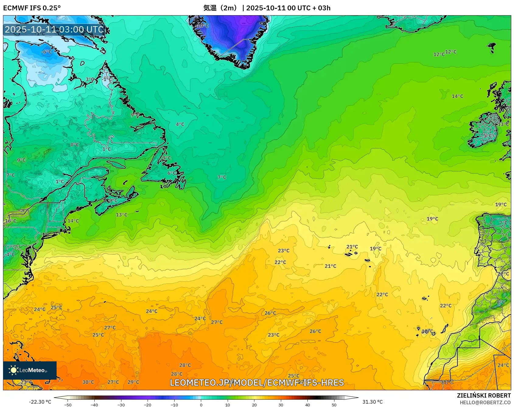 ECMWF IFS 0.25° model - 北大西洋, 気温(2m) ECMWF IFS 0.25° model - 北大西洋, 気温(2m)