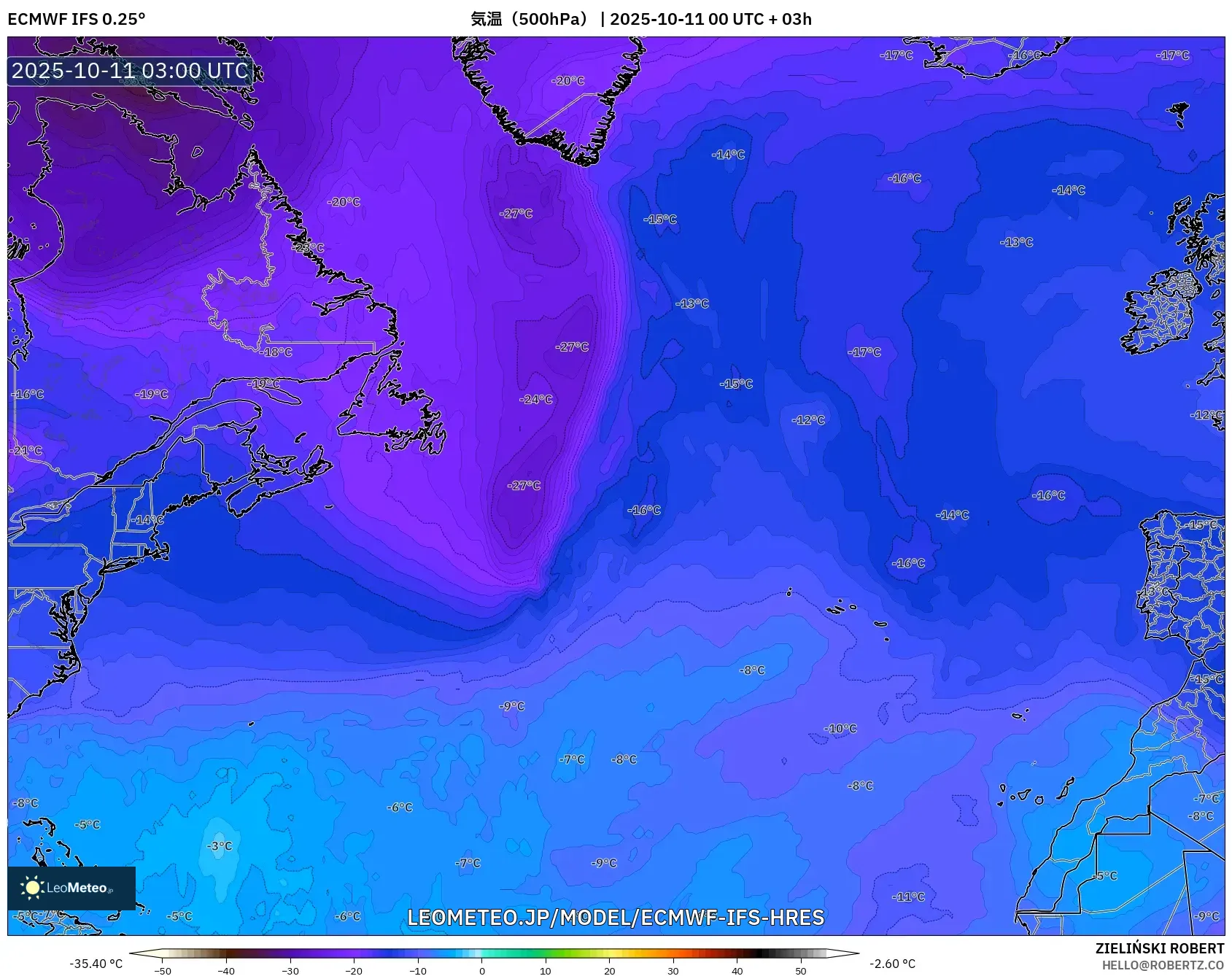 ECMWF IFS 0.25° model - 北大西洋, 気温(500hPa) ECMWF IFS 0.25° model - 北大西洋, 気温(500hPa)