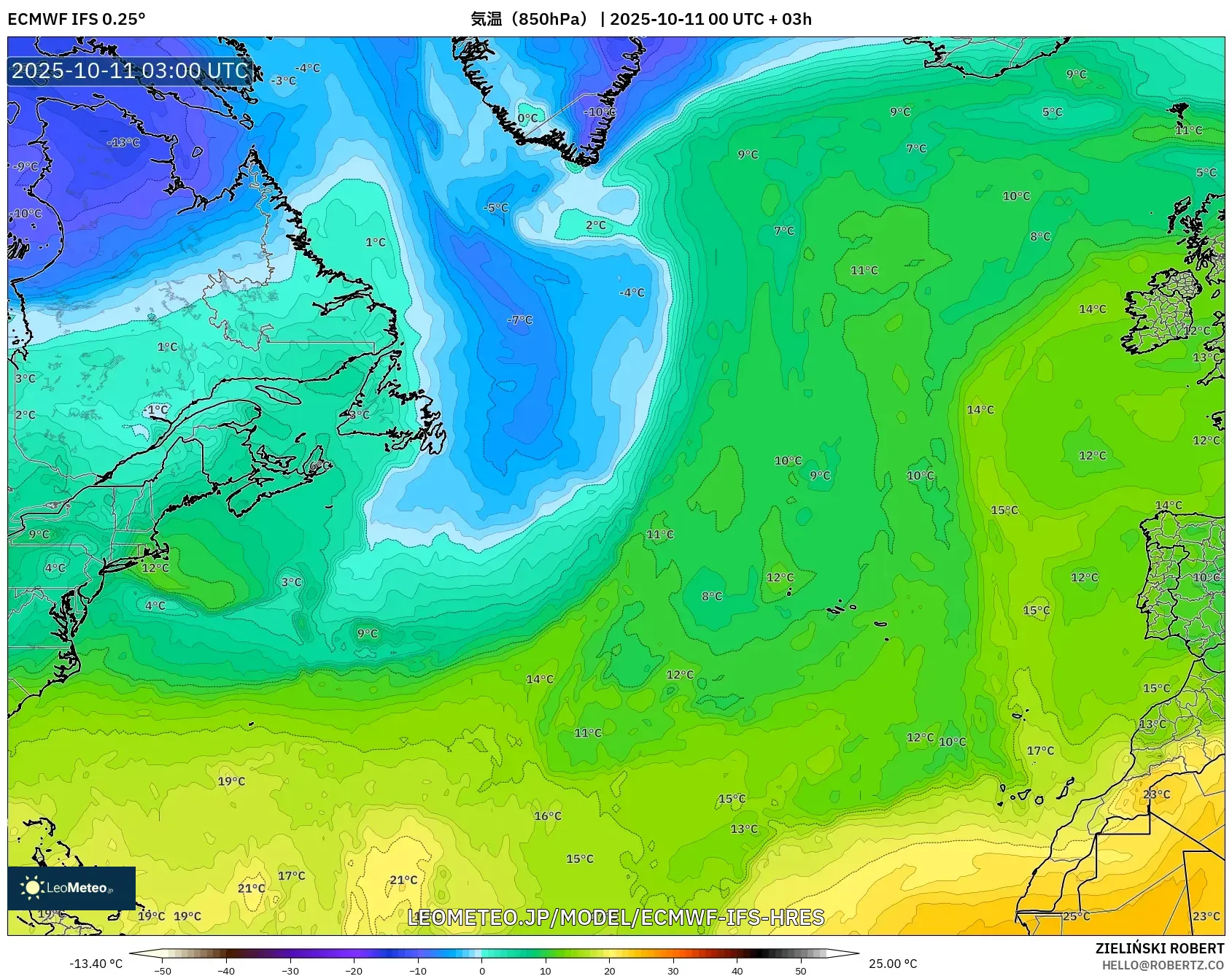 ECMWF IFS 0.25° model - 北大西洋, 気温(850hPa) ECMWF IFS 0.25° model - 北大西洋, 気温(850hPa)