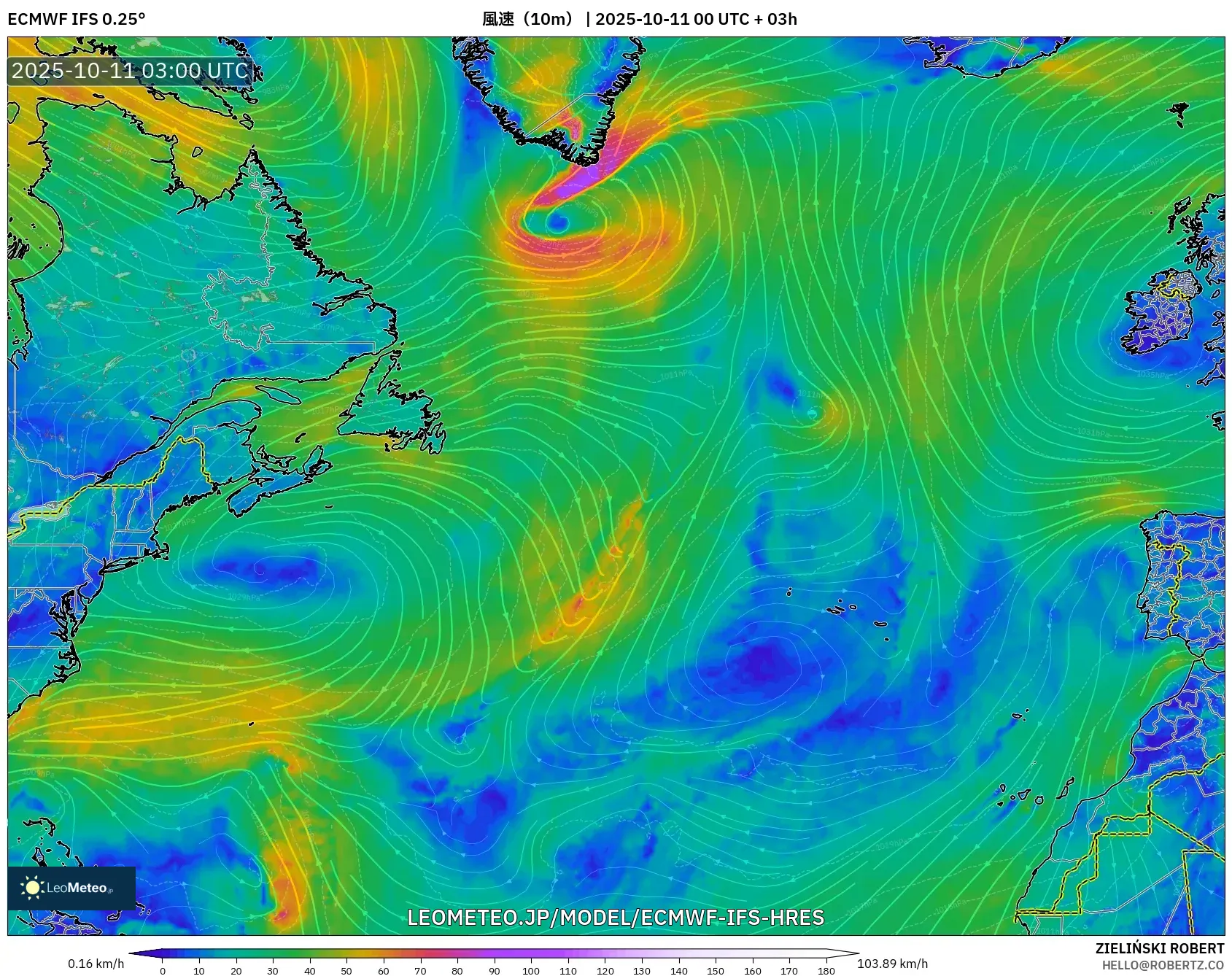 ECMWF IFS 0.25° model - 北大西洋, 風速(10m) ECMWF IFS 0.25° model - 北大西洋, 風速(10m)