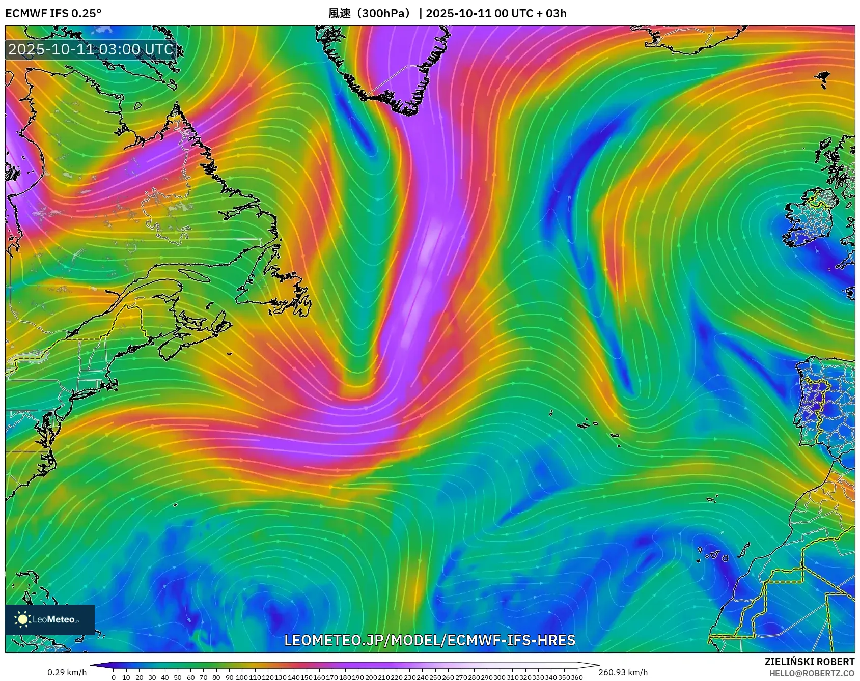 ECMWF IFS 0.25° model - 北大西洋, 風速（300hPa）