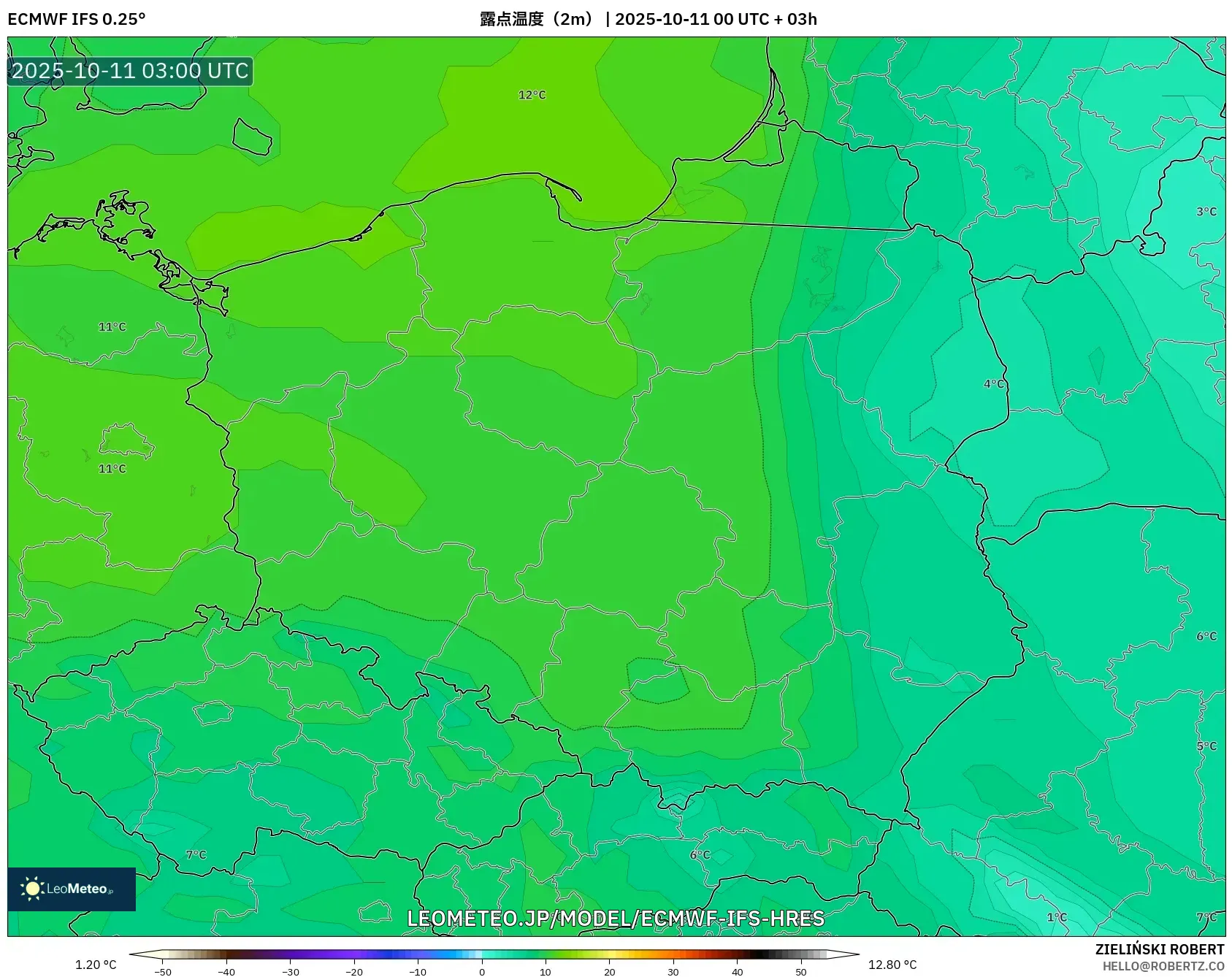 ECMWF IFS 0.25° model - ポーランド, 露点温度(2m) ECMWF IFS 0.25° model - ポーランド, 露点温度(2m)