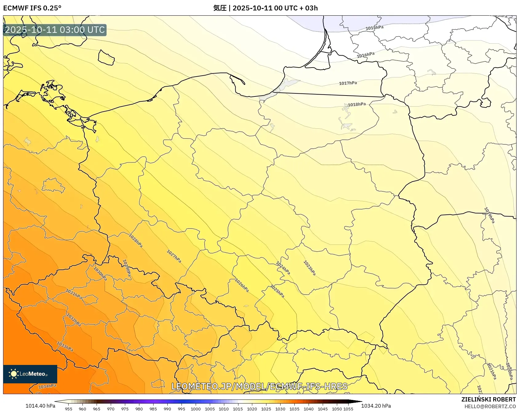 ECMWF IFS 0.25° model - ポーランド, 気圧 ECMWF IFS 0.25° model - ポーランド, 気圧