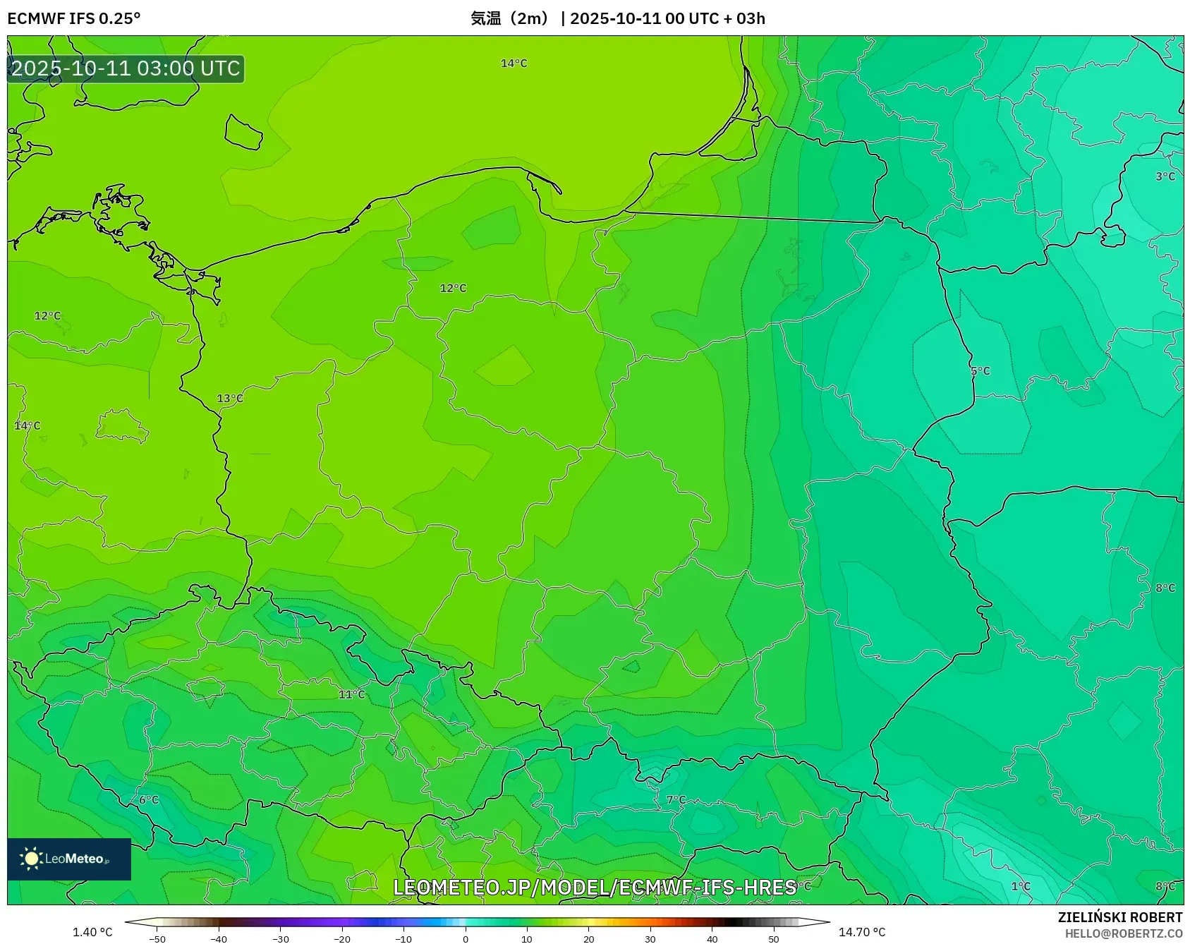 ECMWF IFS 0.25° model - ポーランド, 気温(2m) ECMWF IFS 0.25° model - ポーランド, 気温(2m)