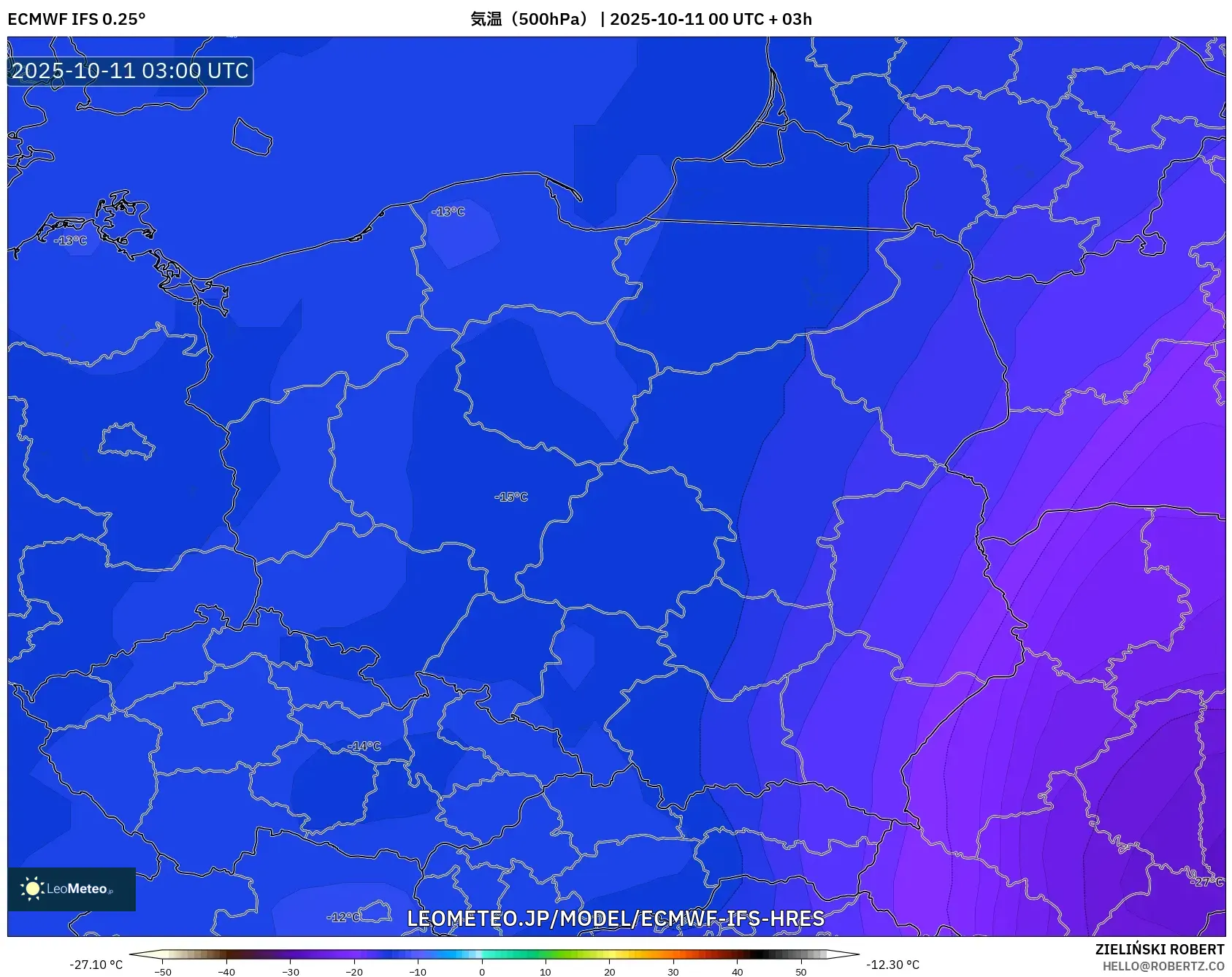 ECMWF IFS 0.25° model - ポーランド, 気温(500hPa) ECMWF IFS 0.25° model - ポーランド, 気温(500hPa)