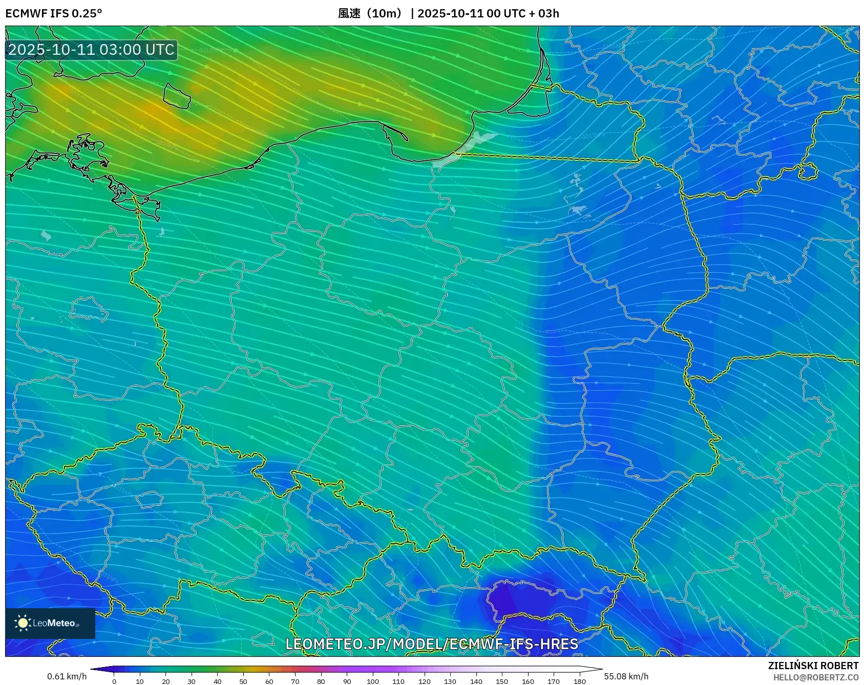 ECMWF IFS 0.25° model - ポーランド, 風速(10m) ECMWF IFS 0.25° model - ポーランド, 風速(10m)