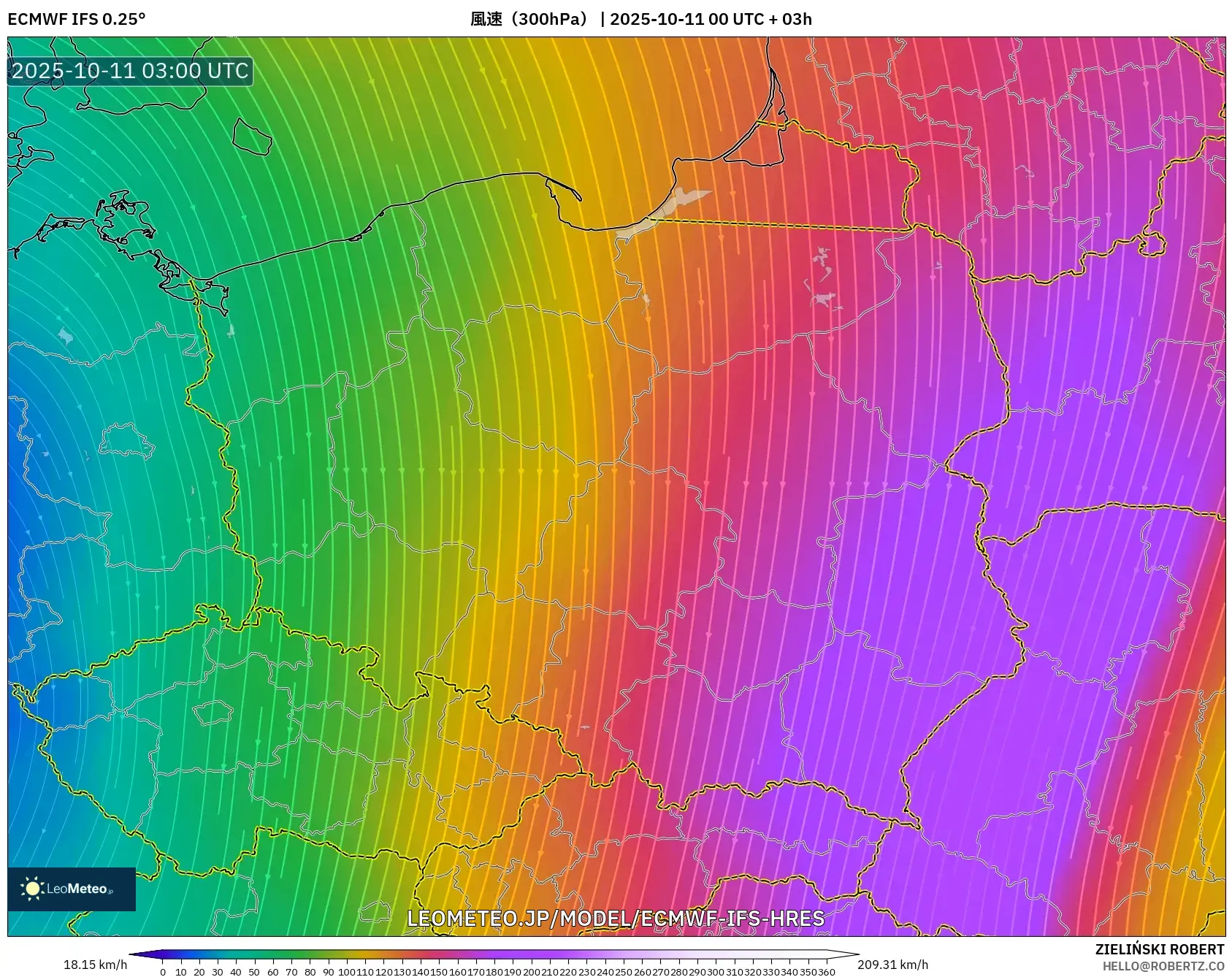 ECMWF IFS 0.25° model - ポーランド, 風速(300hPa) ECMWF IFS 0.25° model - ポーランド, 風速(300hPa)