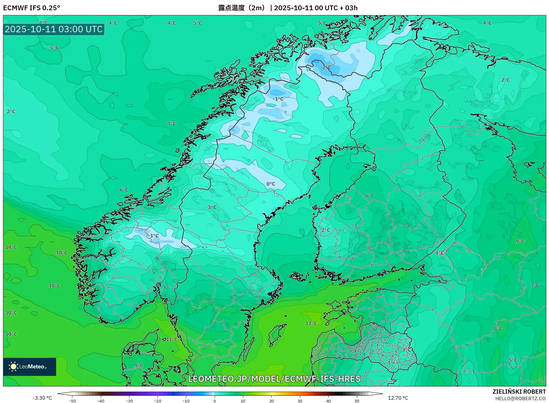 ECMWF IFS 0.25° model - スカンジナビア, 露点温度(2m) ECMWF IFS 0.25° model - スカンジナビア, 露点温度(2m)