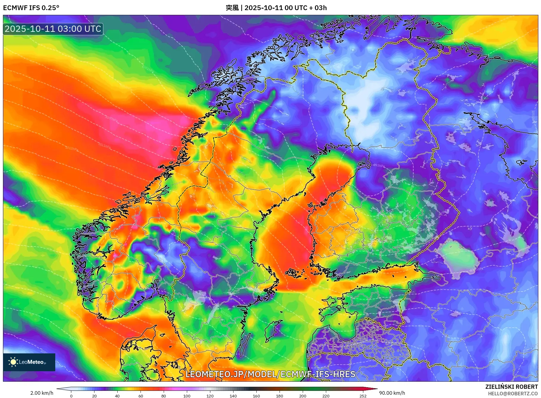 ECMWF IFS 0.25° model - スカンジナビア, 突風 ECMWF IFS 0.25° model - スカンジナビア, 突風